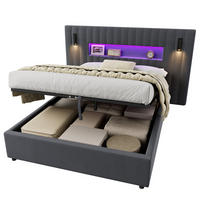 ČALOUNĚNÁ postel 140/200 cm tmavě šedá ze sametu s hydraulickým úložným prostorem, LED čtecími lampami a USB konektory - tmavě šedá, textil (140/200cm) - OKWISH