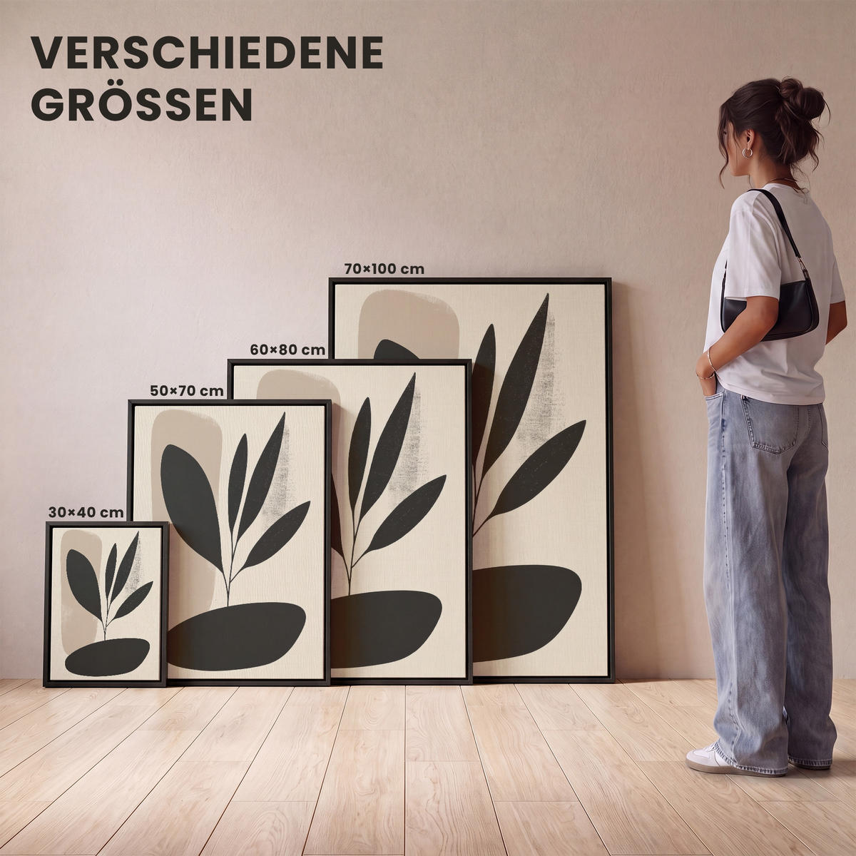 LEINWAND Bilder mit Rahmen - Pflanze - Beige - Japanisch - 50x70 - Schwarz, Textil (50/70cm) - MuchoWow