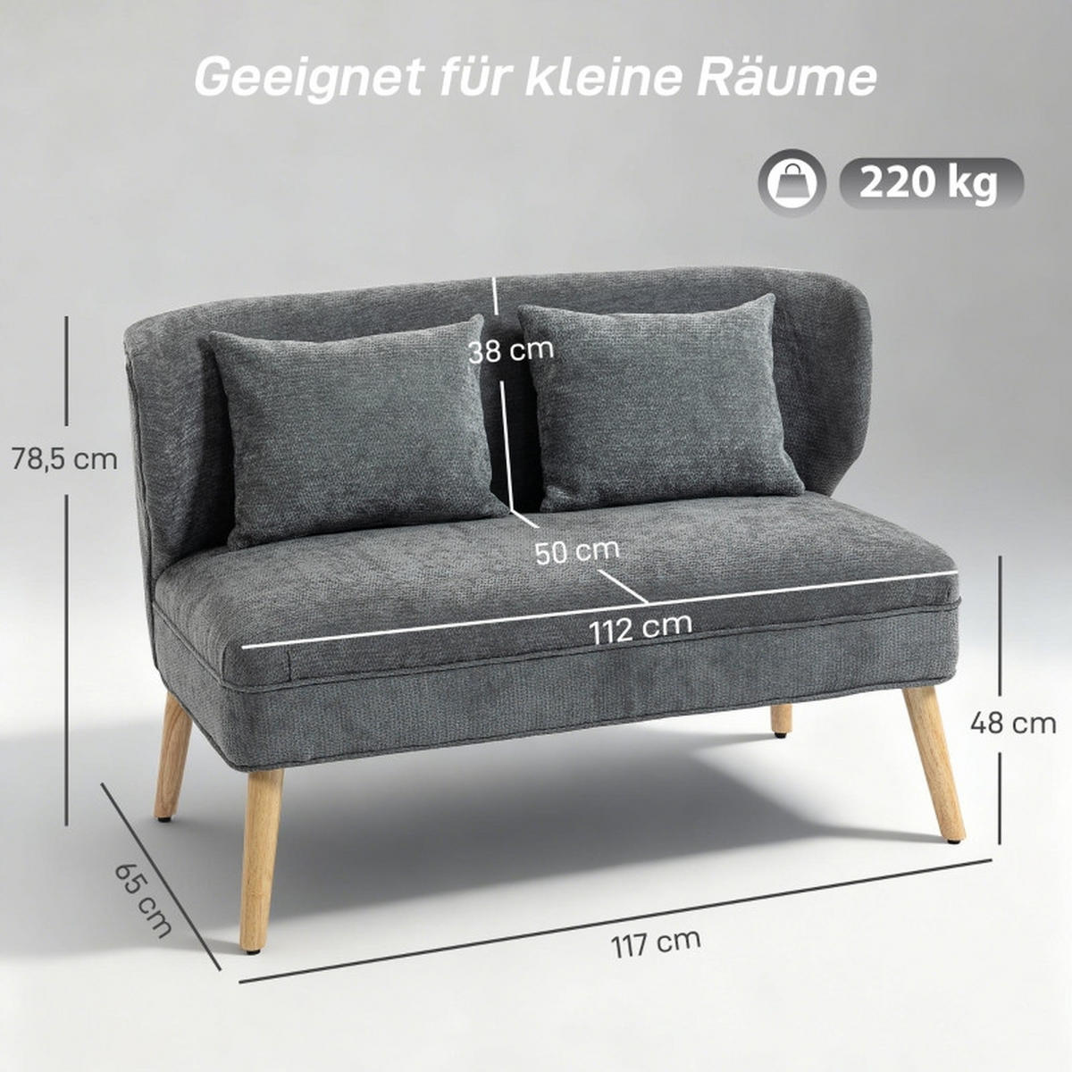 2-SITZER-SOFA aus Kautschukholz 117x65x78,5 cm in Grau mit Chenille-Bezug - Grau, Textil (65/78.5/117cm) - Modfu