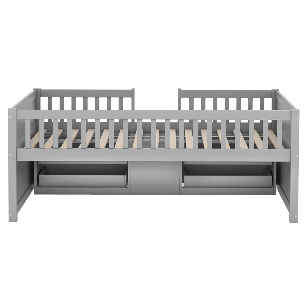 HALBHOHES BETT 90x200cm Grau Kiefer 4 Schubladen Geländer Leiter - Grau, Holz (90/200cm) - FLIEKS