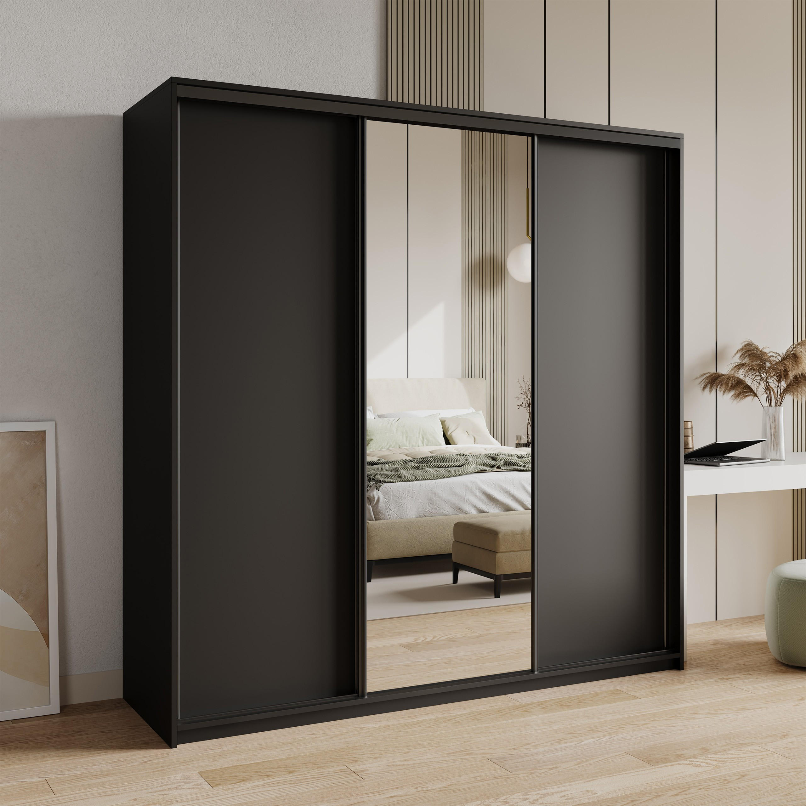 SCHWEBETÜRENSCHRANK TAVI 180/205/60 cm 3-türig mit Spiegel und Schubladen Schwarz - Schwarz, Holzwerkstoff (180/205/60cm) - MASSENO