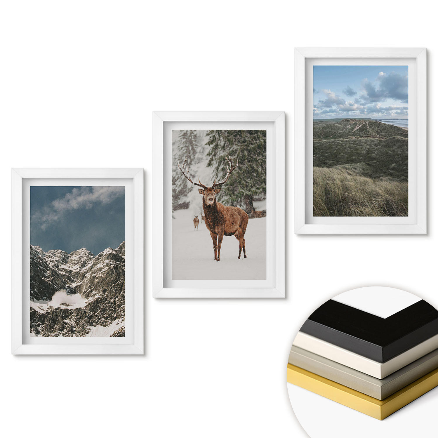 WANDBILDER 3er-Set - 20x30 cm Weißer Rahmen - Berge, Schnee, Hirsche, Waldlandschaft - Weiß, Kunststoff (20/30cm) - ArtPrintCave