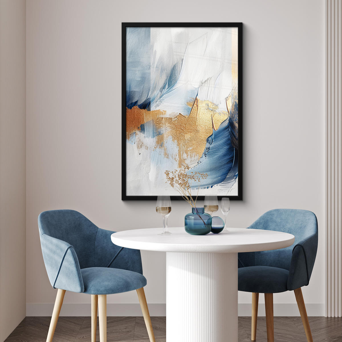 POSTER MIT RAHMEN Gold - Blau - Aquarell - Kunst - Modern 60x90 cm - Hellblau, Papier (60/90cm) - MuchoWow
