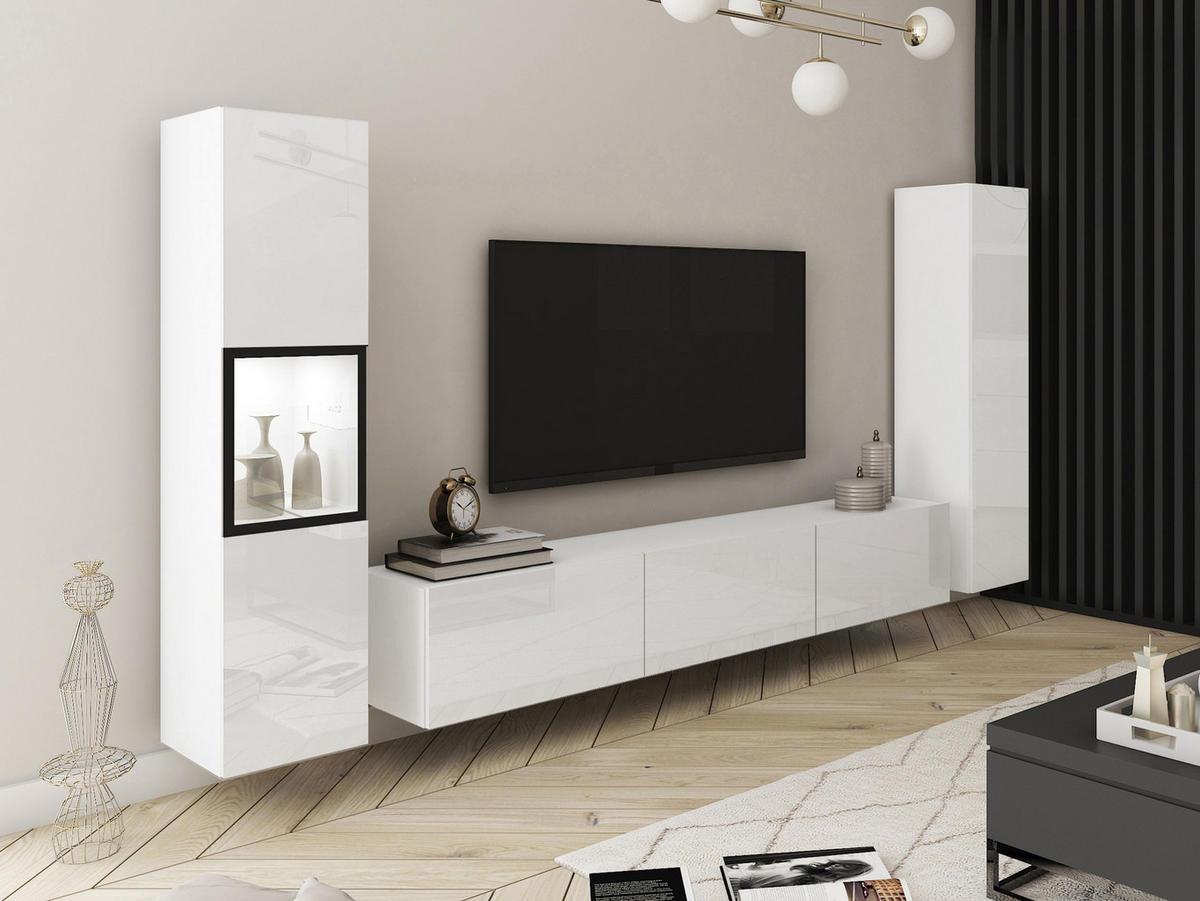 WOHNWAND Berlin III mit weißer LED Beleuchtung - Weiß Hochglanz/Alufarben, Holzwerkstoff/Kunststoff (180/30/33cm) - MIRJAN24