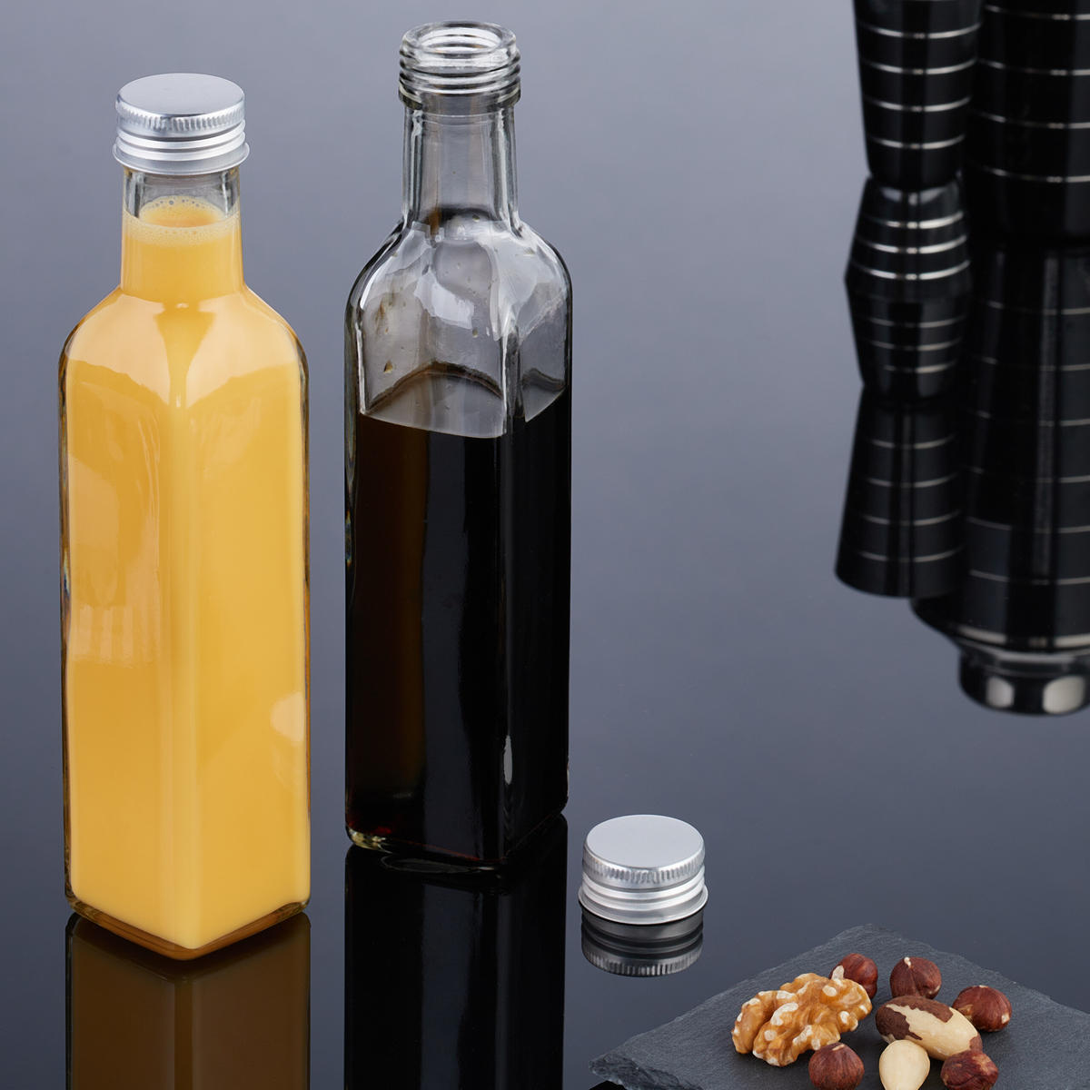 FLASCHEN-SET - Transparent, Glas/Metall (4.5/22/4.5cm) - Relaxdays