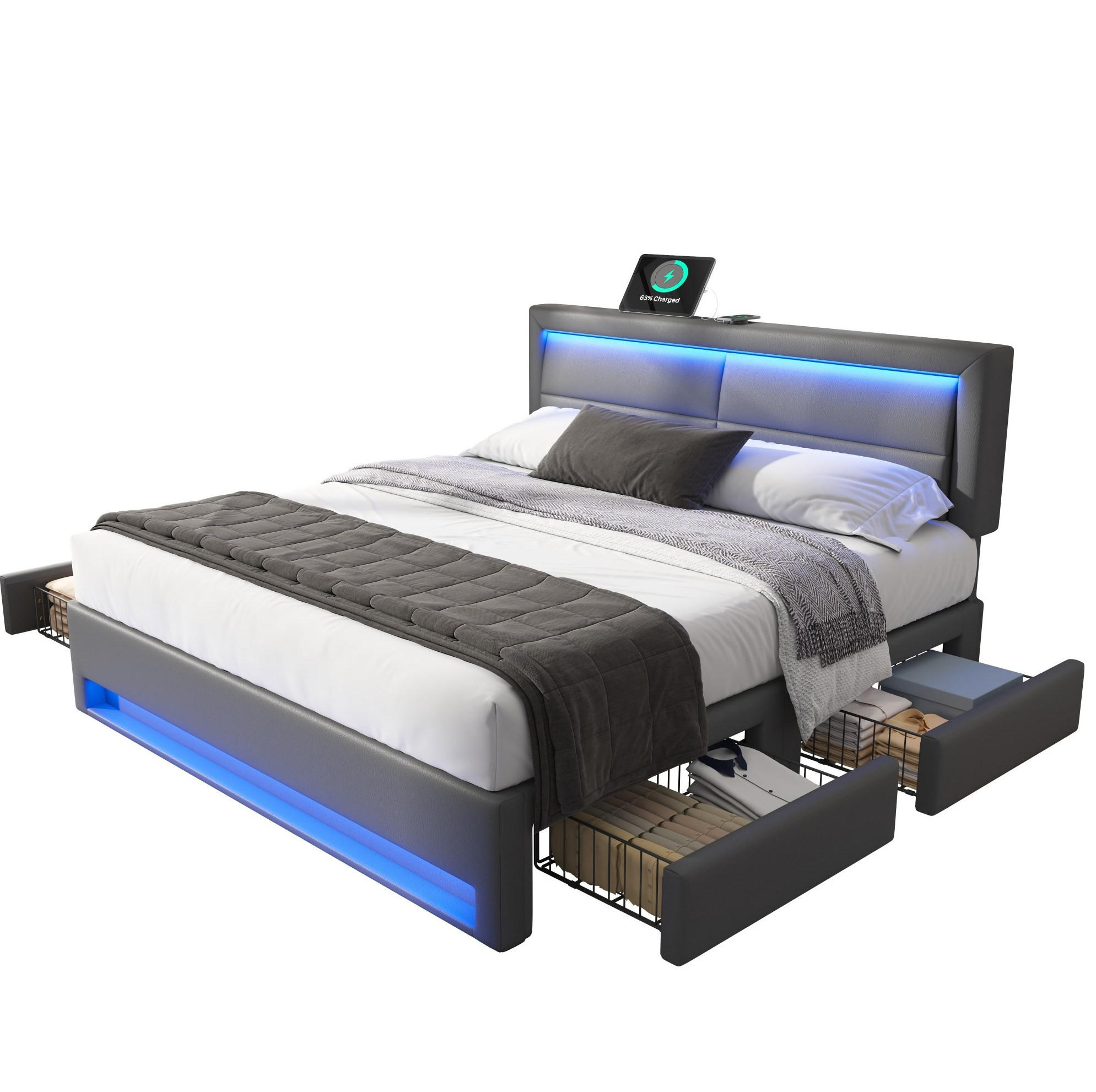 POLSTERBETT 140/190 cm Grau aus PU mit LED, USB und 4 Schubladen - Grau, Kunststoff (140/190cm) - Flora Grace