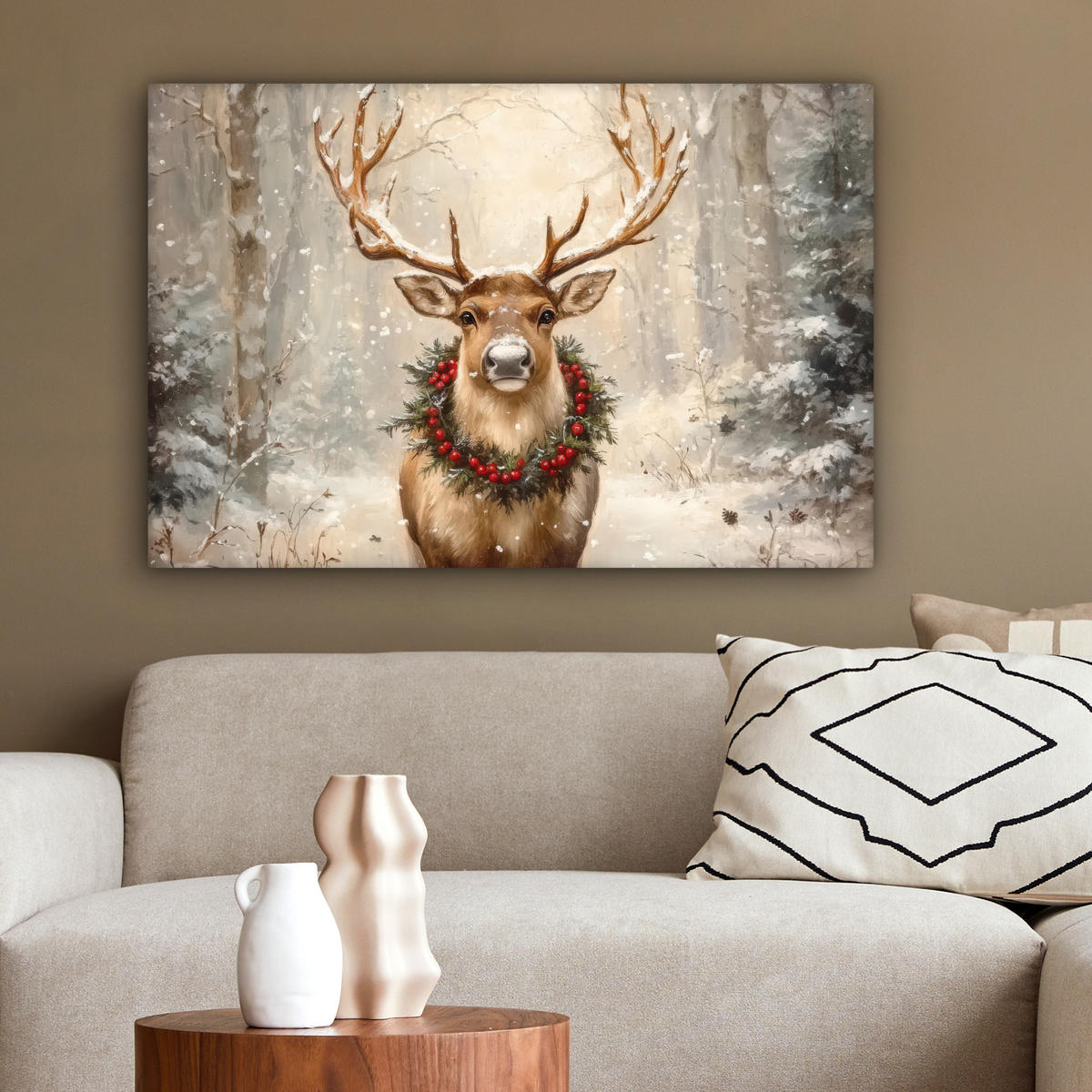 LEINWANDBILD Weihnachten - Rentier - Winter - Kranz Wanddeko 90x60 cm - Naturfarben, Textil (90/60cm) - MuchoWow