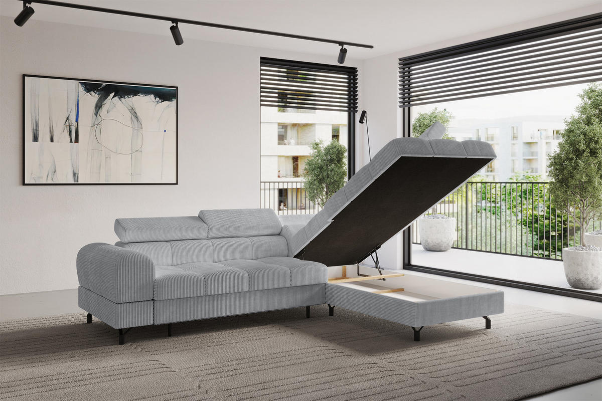 ECKSOFA mit Schlaffunktion Ottomane Rechts LUMA-L 272x203x70 Grau Cord - Schwarz/Grau, Holzwerkstoff/Kunststoff (203/272cm) - ALTDECOR