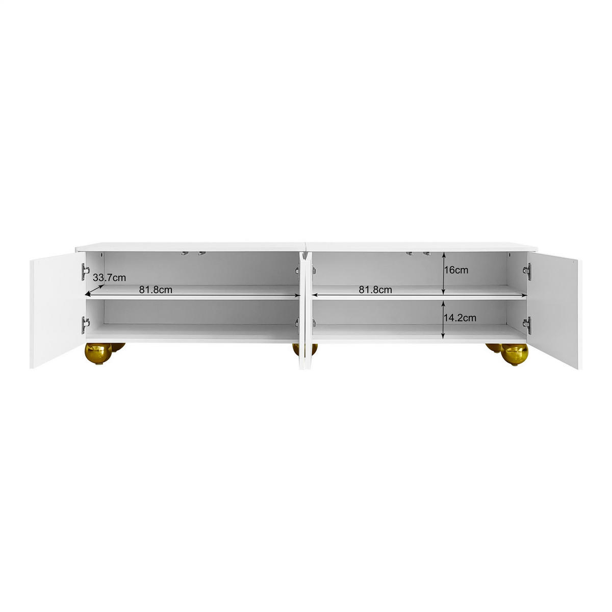 LOWBOARD in Weiß und Gold TV-Schrank mit strukturierten Türen für Wohnzimmer, B170/T38/H44 cm - Goldfarben/Weiß, Holzwerkstoff/Metall (170/44/38cm) - STILVORA