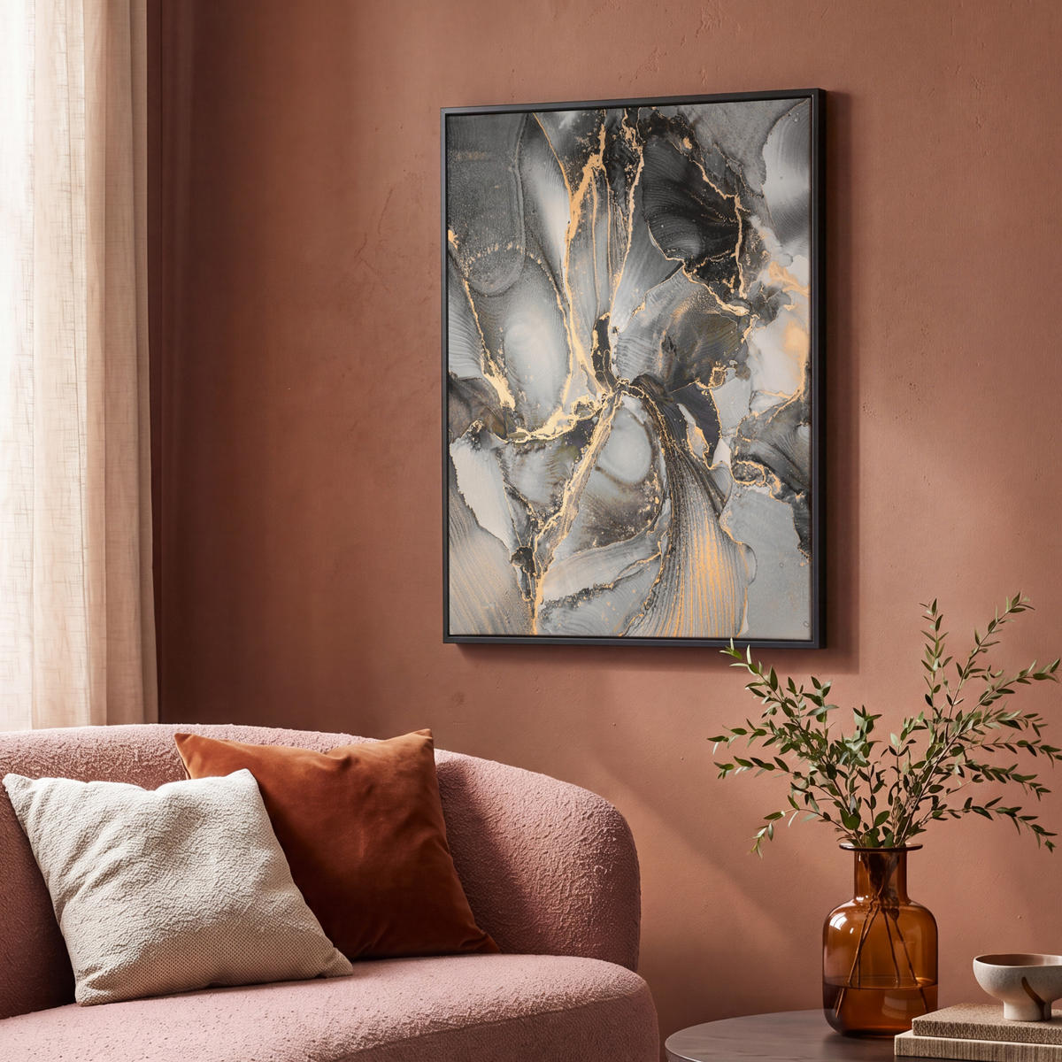 LEINWAND Bilder mit Rahmen - Grau - Luxus - Gold - Marmor - 70x100 - Dunkelgrau, Textil (70/100cm) - MuchoWow
