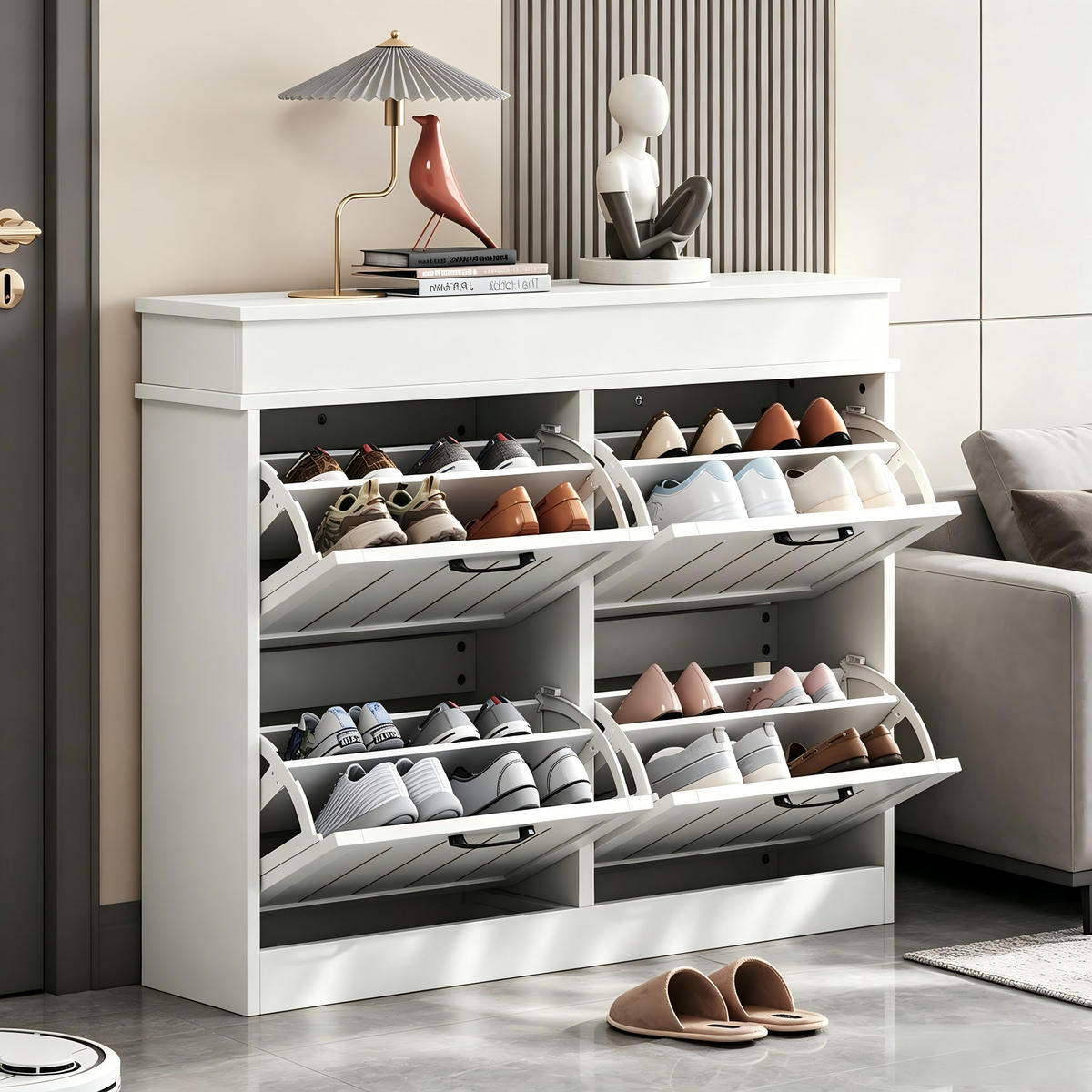 SCHUHSCHRANK in Weiß mit 4 Kipptüren mit 8 Fächern für Flur, B105/T24/H83 cm - Weiß, Holzwerkstoff (105/83/24cm) - STILVORA