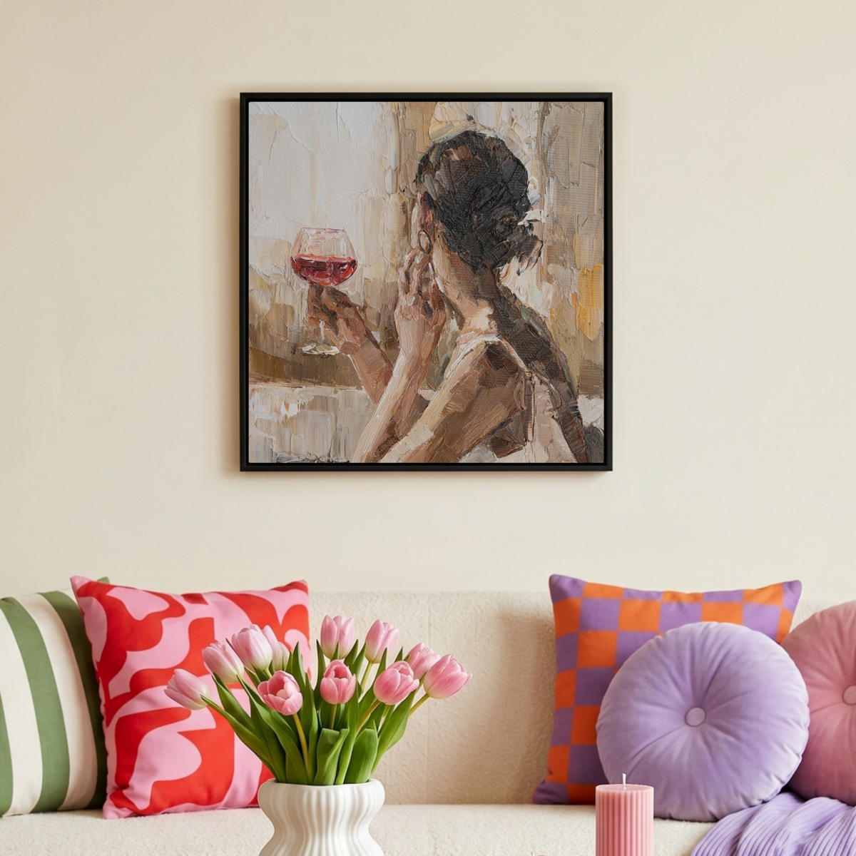 LEINWAND Bilder mit Rahmen - Ölgemälde - Frau - Wein - 50x50 - Hellbraun, Textil (50/50cm) - MuchoWow