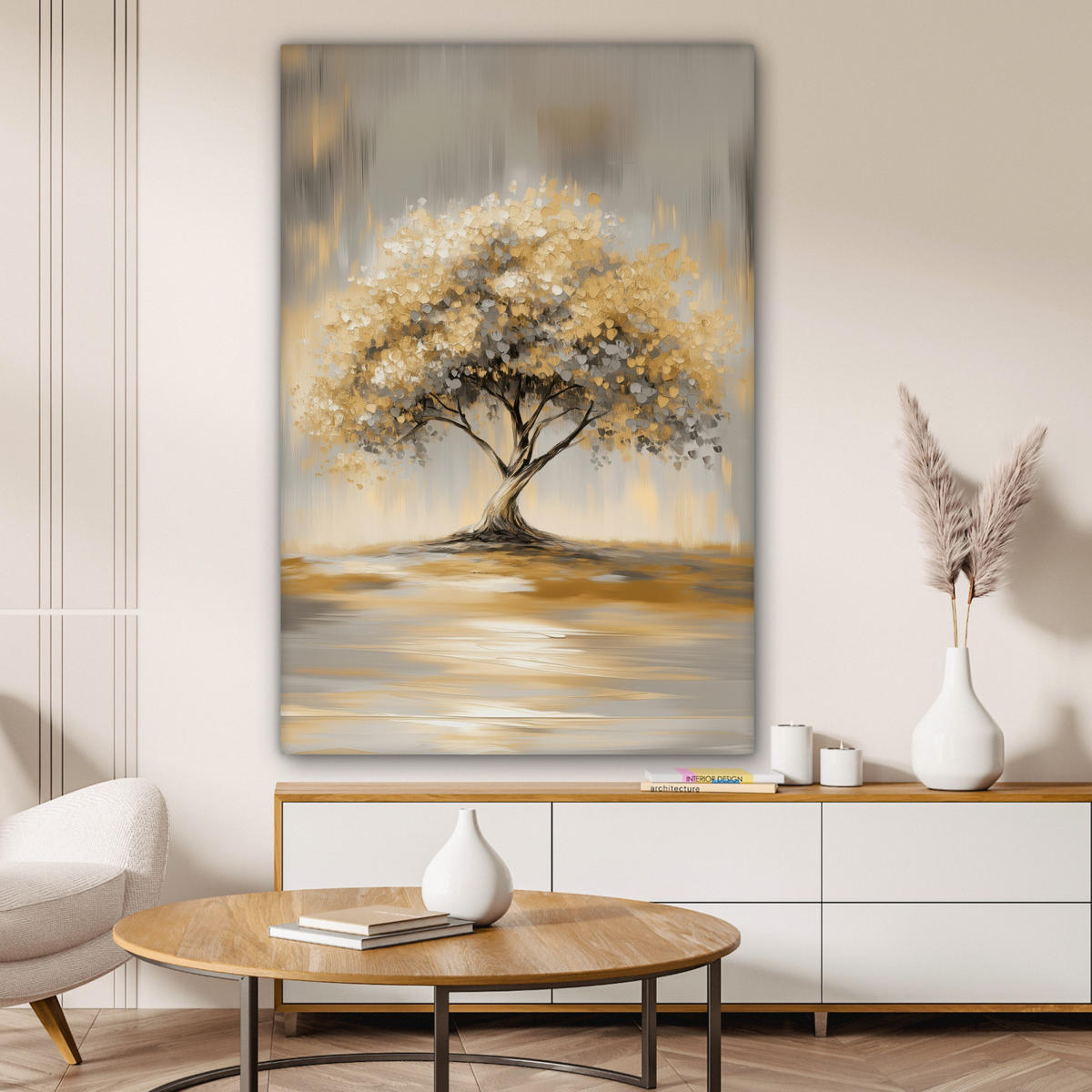 LEINWANDBILD Gemälde - Baum - Abstrakt - Blätter Deko Groß 90x140 cm - Beige, Textil (90/140cm) - MuchoWow