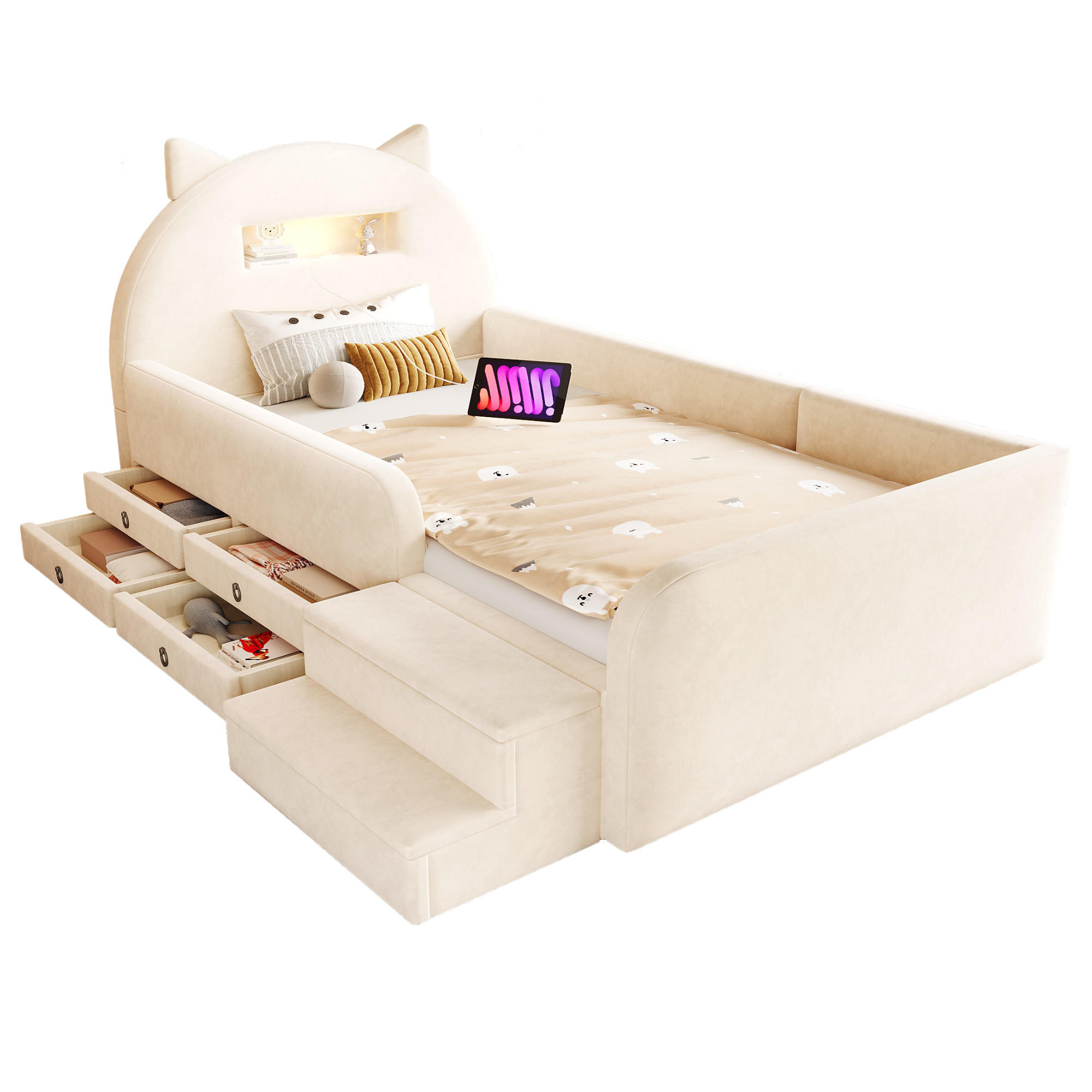 KINDERBETT 90/200 cm in Beige mit 4 Schubladen, USB und Nachtlicht Samt - Beige, Holzwerkstoff/Textil (90/200cm) - STILVORA