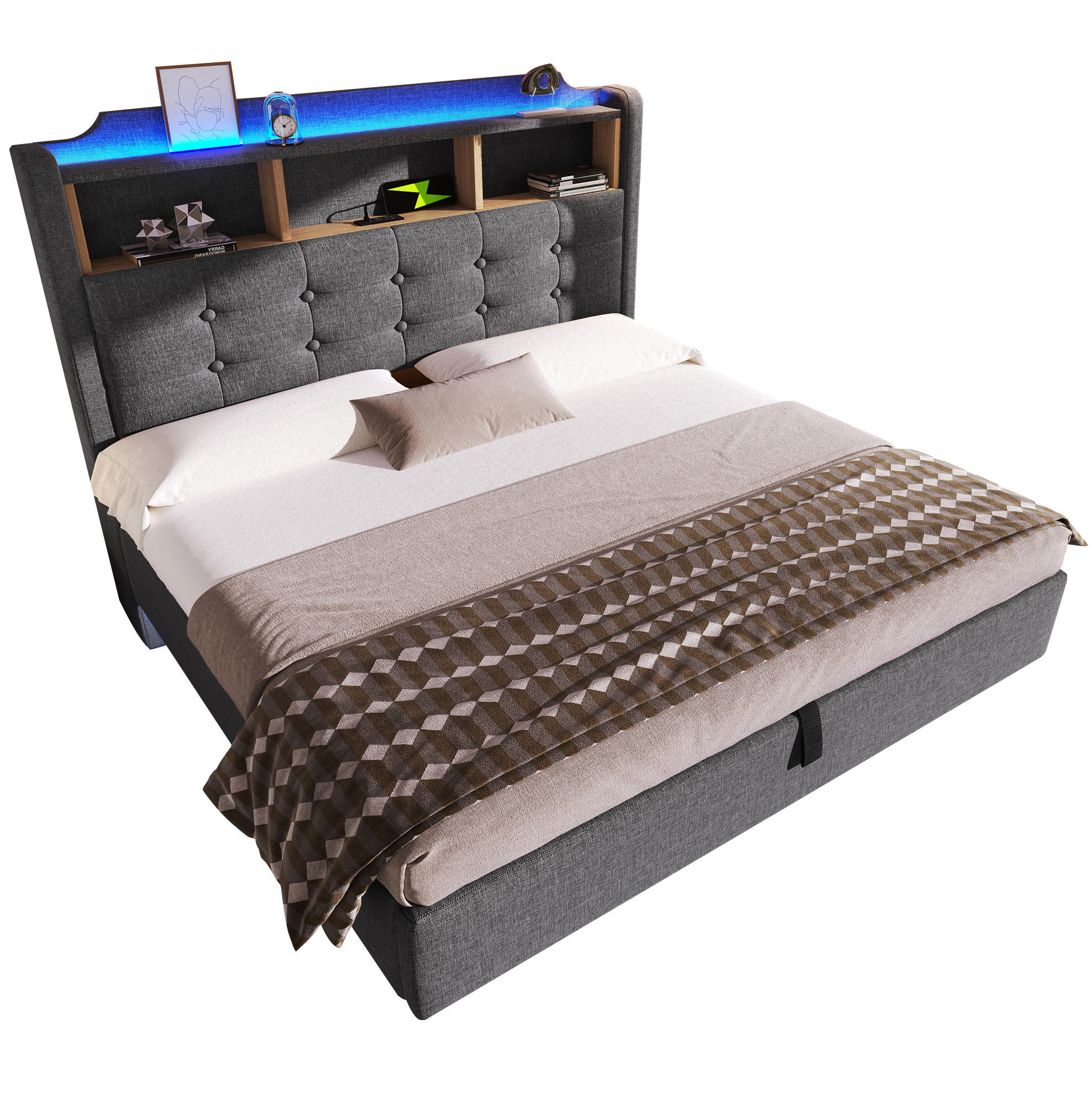 POLSTERBETT 140/200 cm aus Leinen mit LED-Lichtleiste und hydraulischem Stauraum Grau - Grau, Textil (140/200cm) - Modenvie