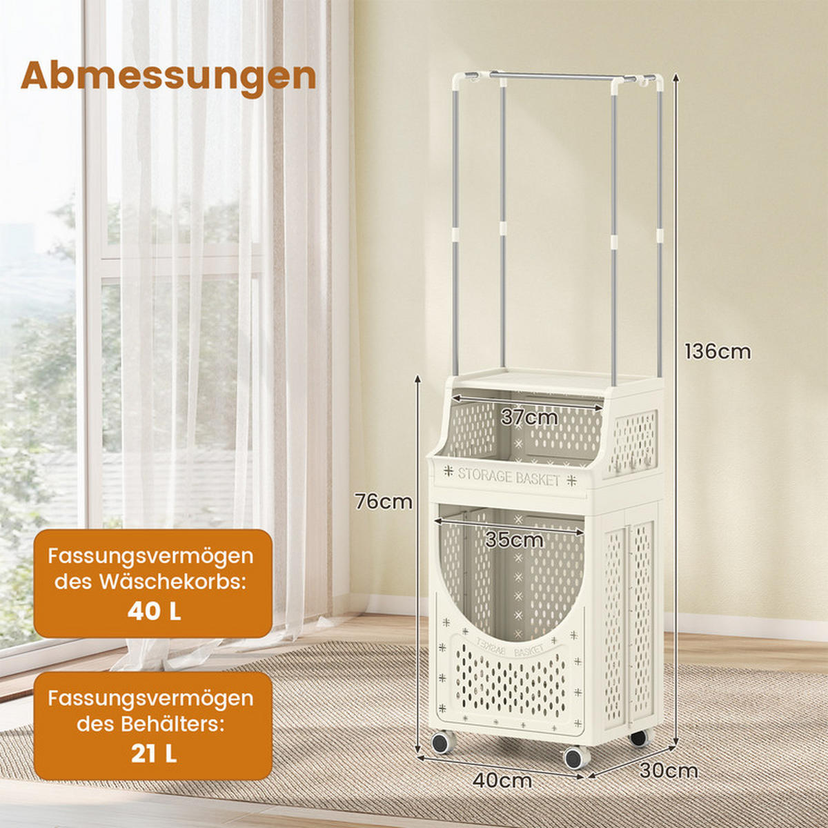 WÄSCHEKORBWAGEN mit Kleiderstange beige - Beige, Kunststoff (40/136/30cm) - COSTWAY