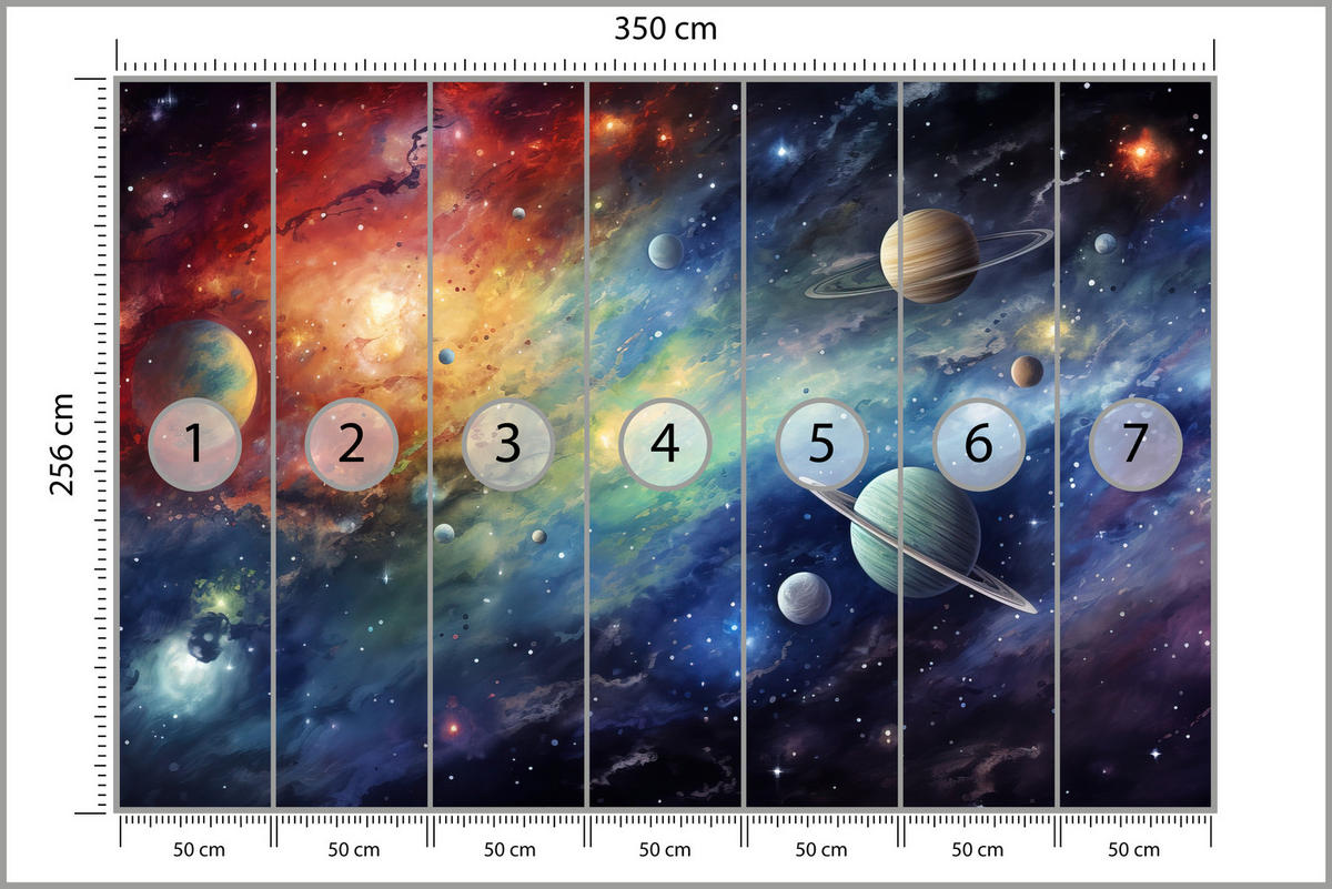 FOTOTAPETA Pre Študentskú Izbu Akvarel Galaxia Planéty Hviezdy 350 x 256 cm - oranžová/modrá, papier (350/256cm) - Muralo