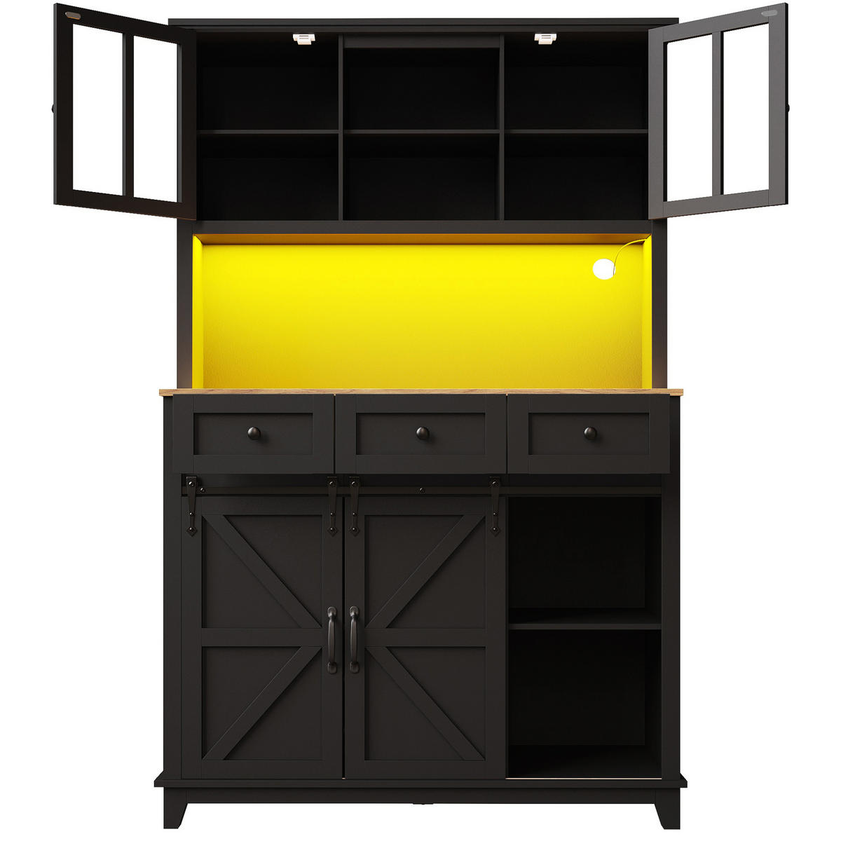 BUFFET 105/38,4/180 cm in Schwarz mit LED-Beleuchtung und Glastüren - Schwarz, Holzwerkstoff (105/180/38.4cm) - Flora Grace