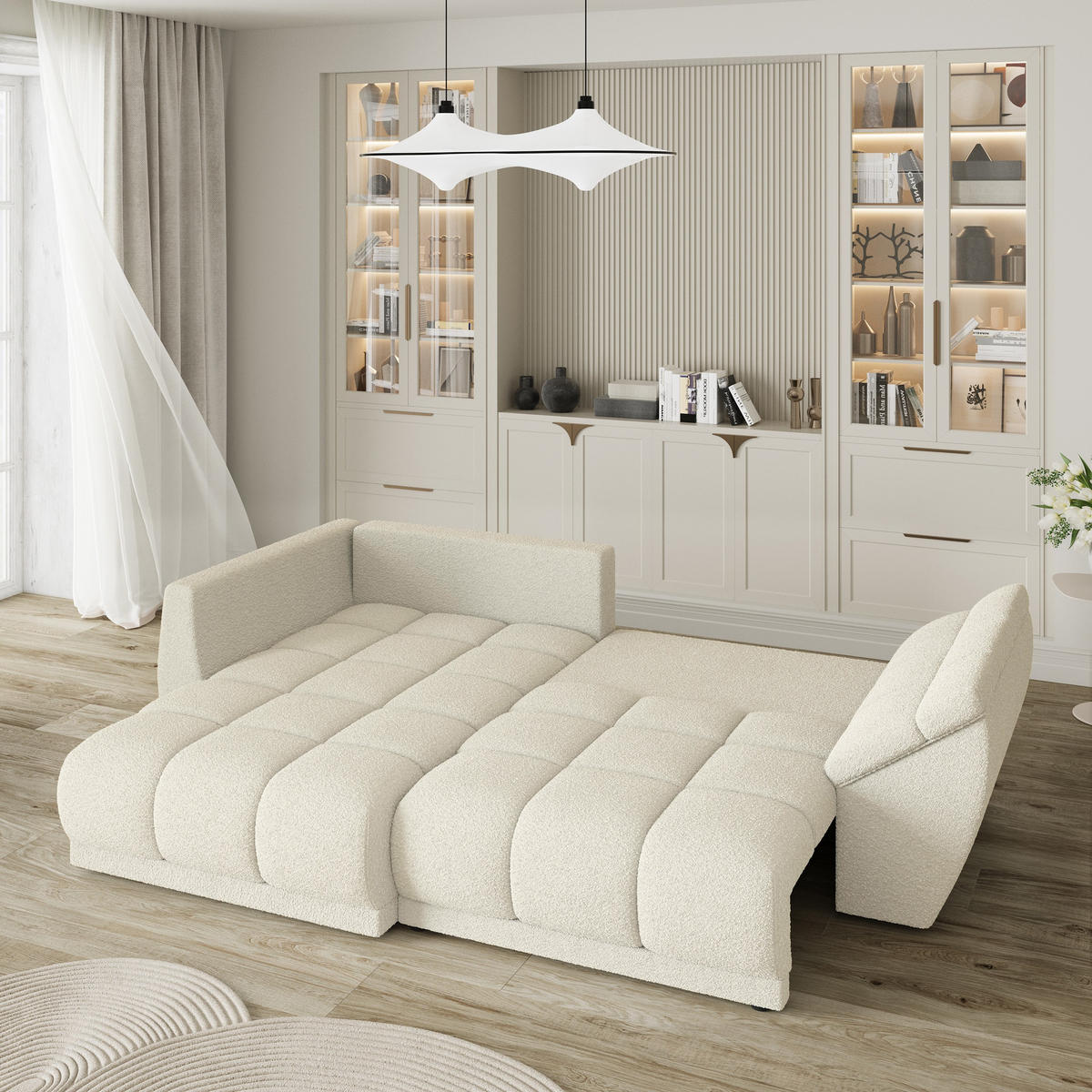 ECKSOFA ORENTI L-S Creme Boucle-Stoff mit Schlaffunktion - Creme, Holz (287/182cm) - MASSENO