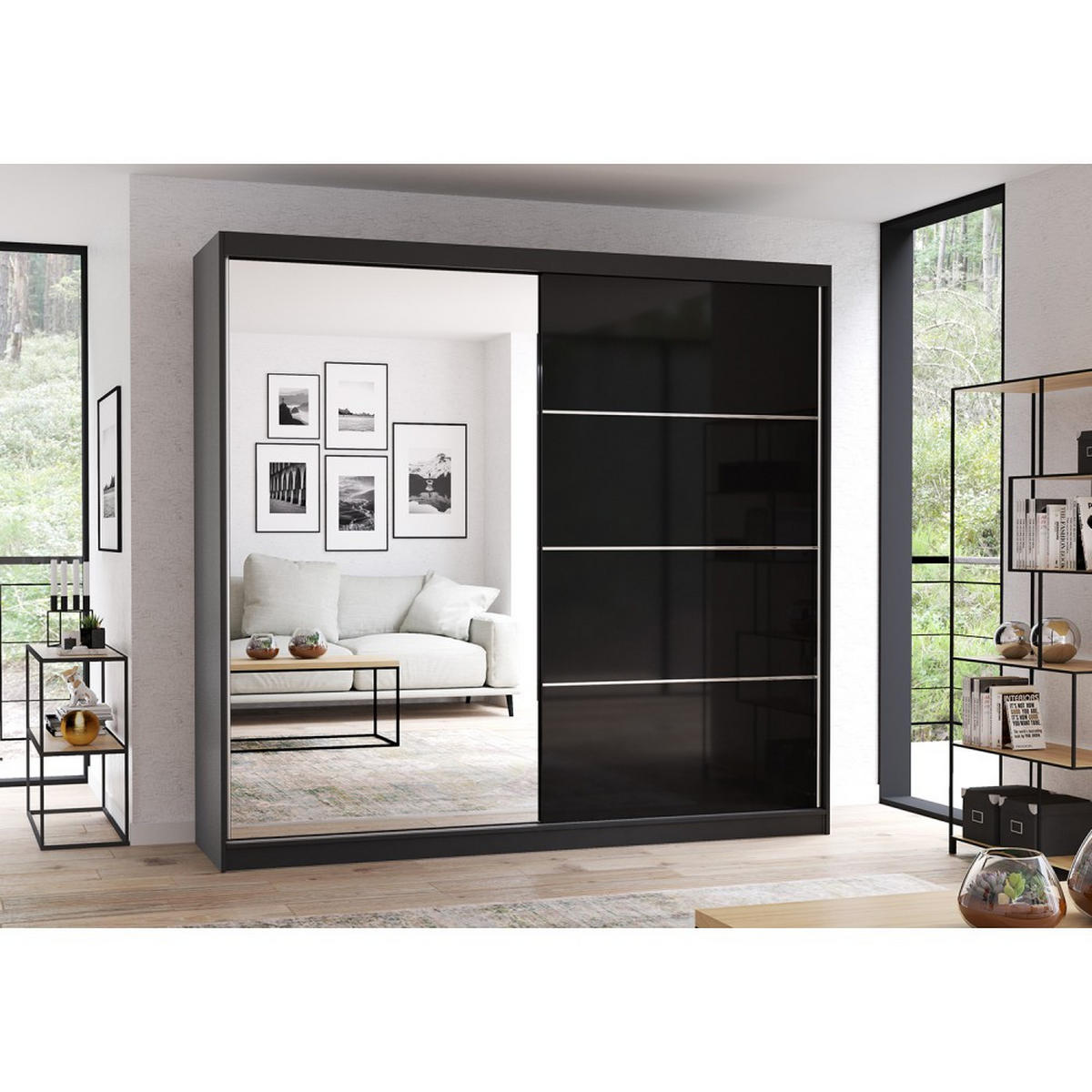 SCHWEBETÜRENSCHRANK Multi 31 Schwarz, Schwarz + Spiegel, ohne LED Beleuchtung 203 cm - Schwarz/Alufarben, Glas/Holzwerkstoff (203/218/61cm) - imoebel24