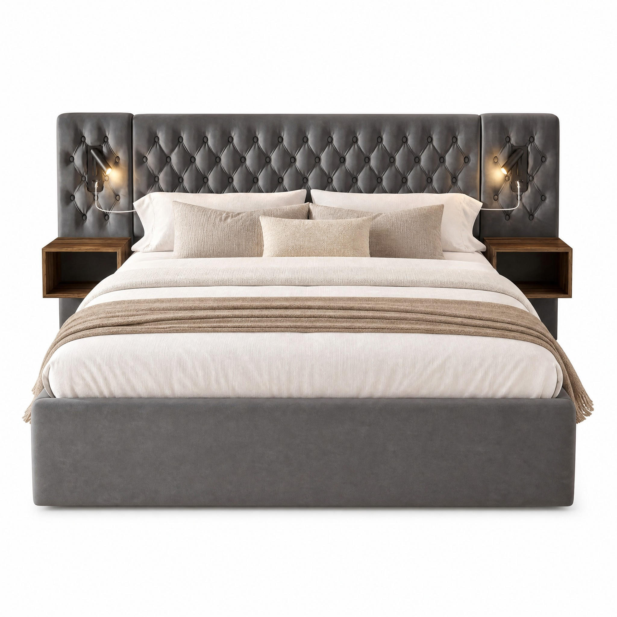 POLSTERBETT 160/200 mit Bettkasten, 2 Nachttischen, LED-Leselampen und USB in Grau - Grau, Holzwerkstoff/Textil (160/200cm) - EVRYAE