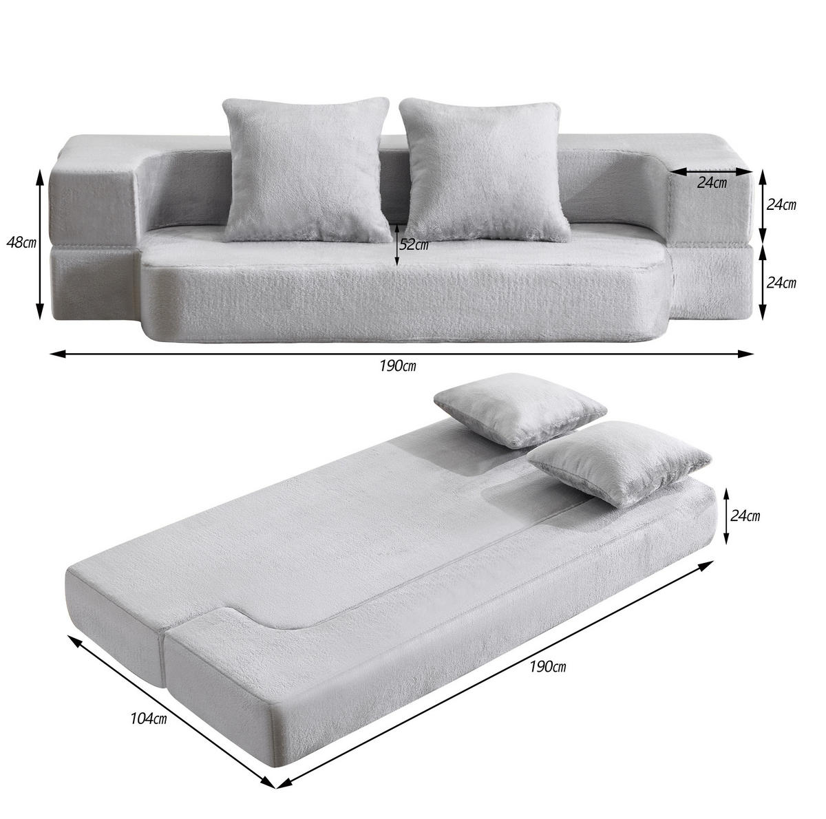 SOFA klappbar 2-Sitzer Hellgrau - Hellgrau, Kunststoff (52/48/190cm) - Meubliv