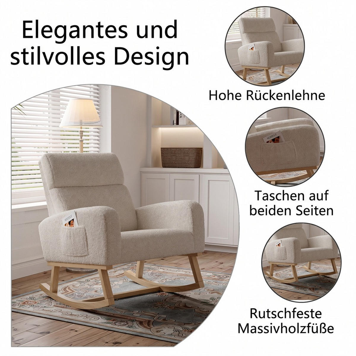 SCHAUKELSTUHL mit Armlehnen - Relaxsessel mit praktischer Seitentasche - Beige - Beige, Textil (69.2/87/78.5cm) - DELFA