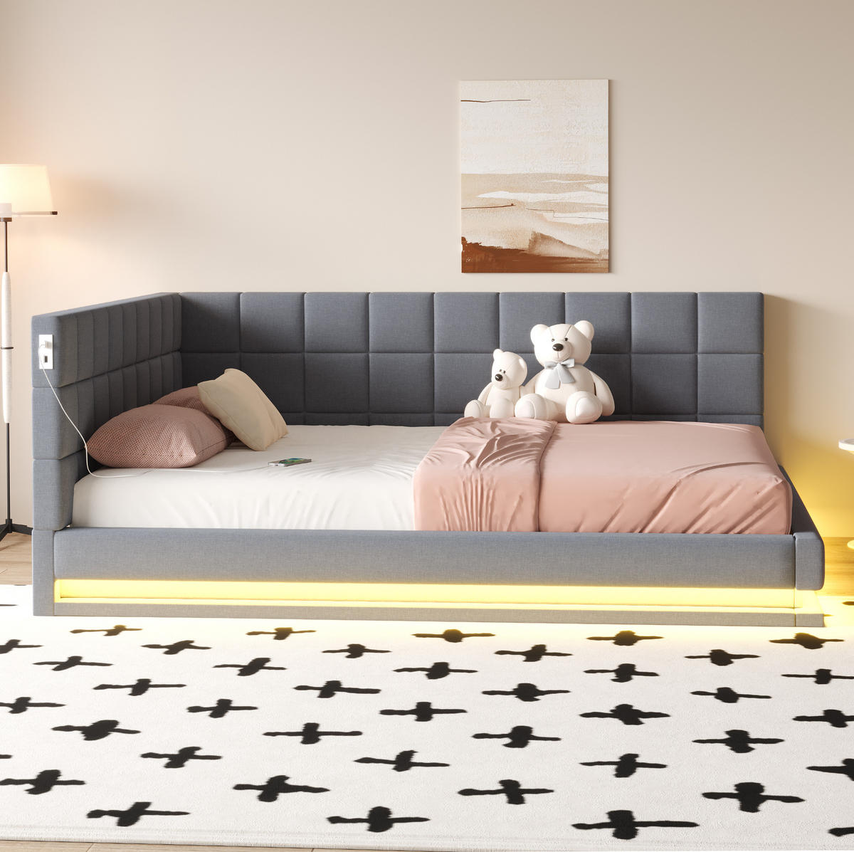 POLSTERBETT Schlafsofa 160/200 cm aus Leinen mit LED-Lichtleiste und USB-Anschluss Grau - Grau, Textil (160/200cm) - Modenvie