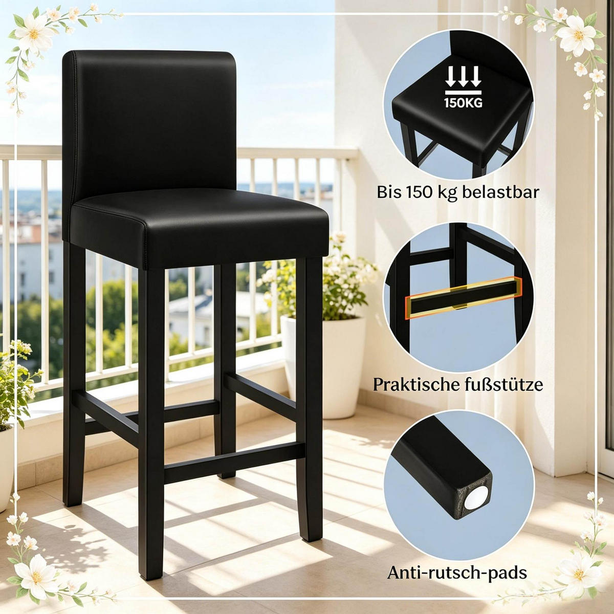 BARHOCKER 2er-Set mit Rückenlehne 48 x 41,5 x 110,5 cm Schwarz - Schwarz, Holz (41.5/110.5/48cm) - Meubliv
