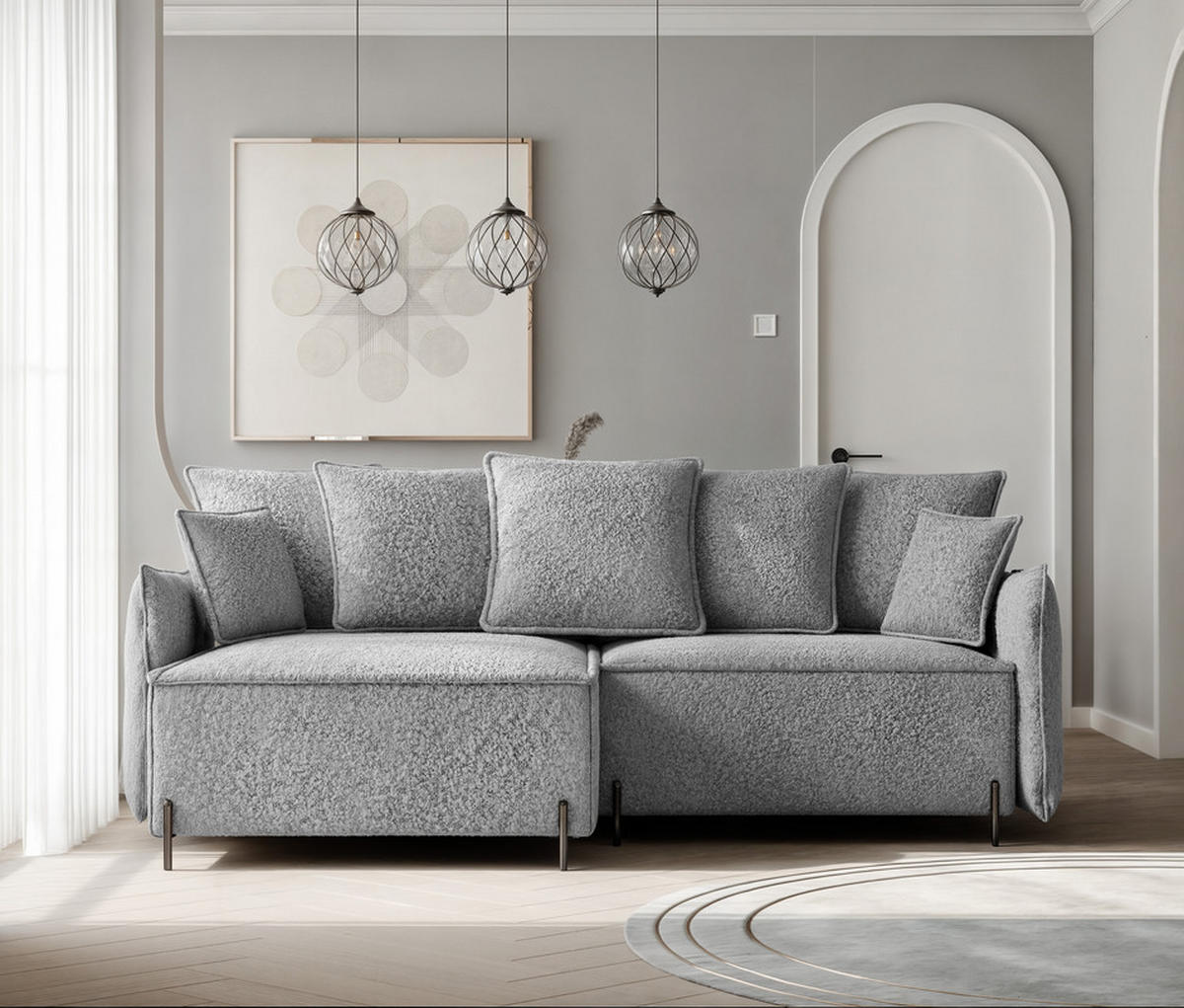 ECKSOFA MARCO Links, mit Schlaffunktion und Bettkasten, Hellgrau - Hellgrau, Textil/Metall (221/148cm) - Idohome