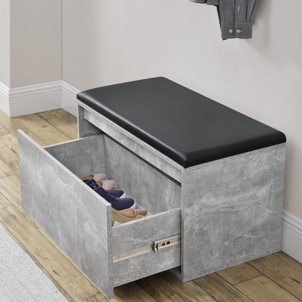 SCHUHBANK Degerfors - Schwarz/Grau, Holzwerkstoff/Kunststoff (39/45/80cm) - [en.casa]