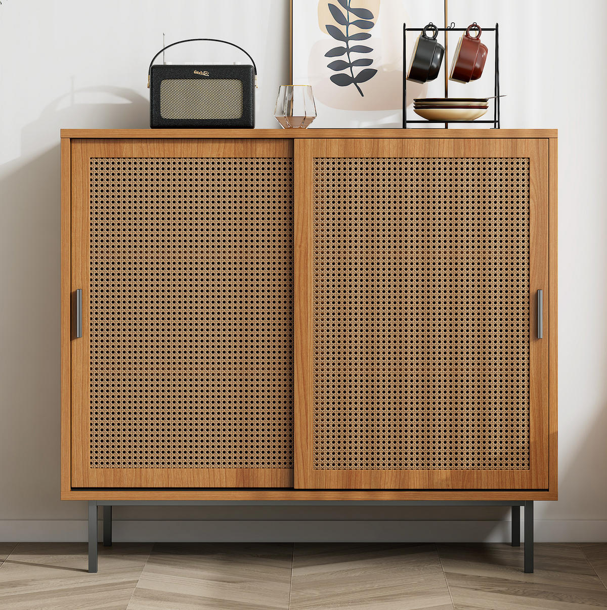 SIDEBOARD aus Spanplatte 100x37x90 cm Walnuss mit Rattan-Schiebetüren und 3 Regalböden - Walnussfarben, Holzwerkstoff (100/90/37cm) - IVMEU