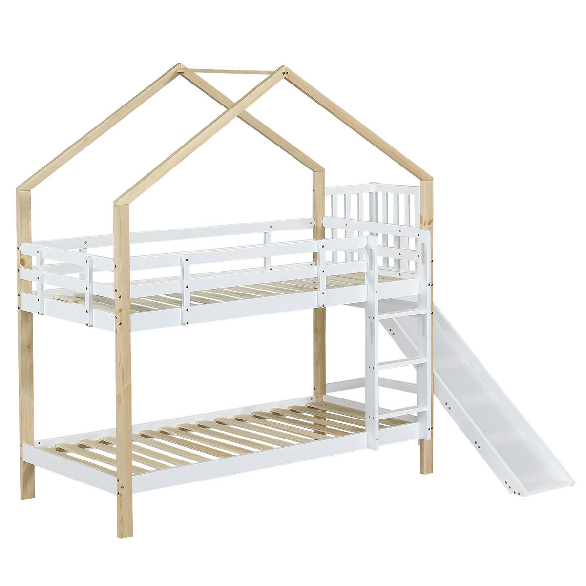 ETAGENBETT 90/200 cm mit Rutsche, Hausdach, Absturzsicherung und 3-stufiger Leiter aus Massivholz und MDF, Weiß/Natur - Weiß, Holzwerkstoff (90/200cm) - Redom