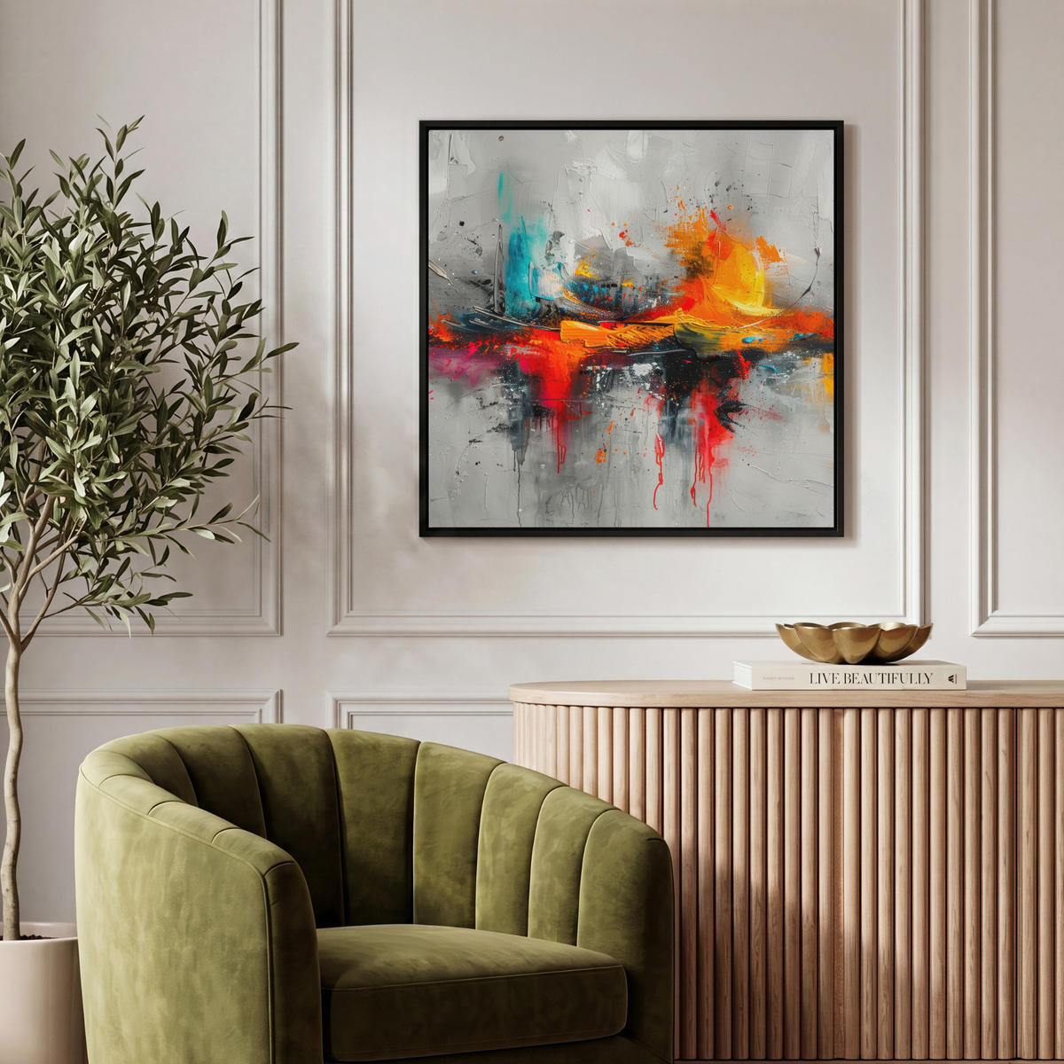 LEINWAND Bilder mit Rahmen - Moderne Kunst - Orange - Grau - Abstrakt - 50x50 - Hellgrau, Textil (50/50cm) - MuchoWow