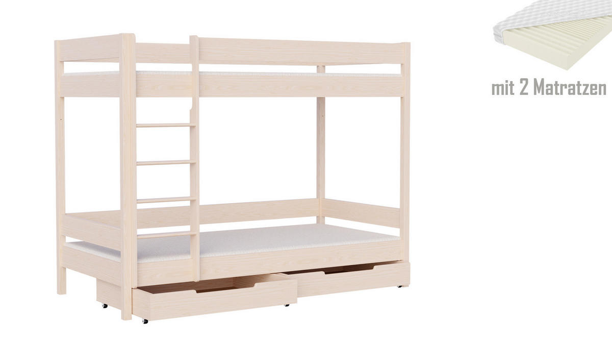 ETAGENBETT Diego 180x80 naturweiß mit Schubladen und Matratzen - Naturfarben, Holzwerkstoff (80/180cm)