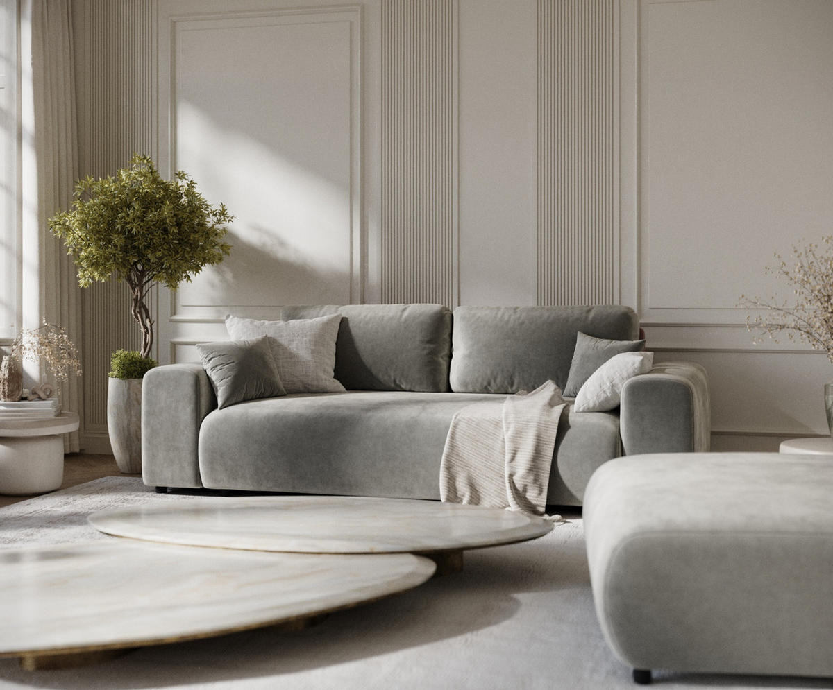 3-SITZER-SOFA Zanzibar Grau Samtstoff - Schwarz/Grau, Holz/Holzwerkstoff (213/79/108cm) - Maison de Reve