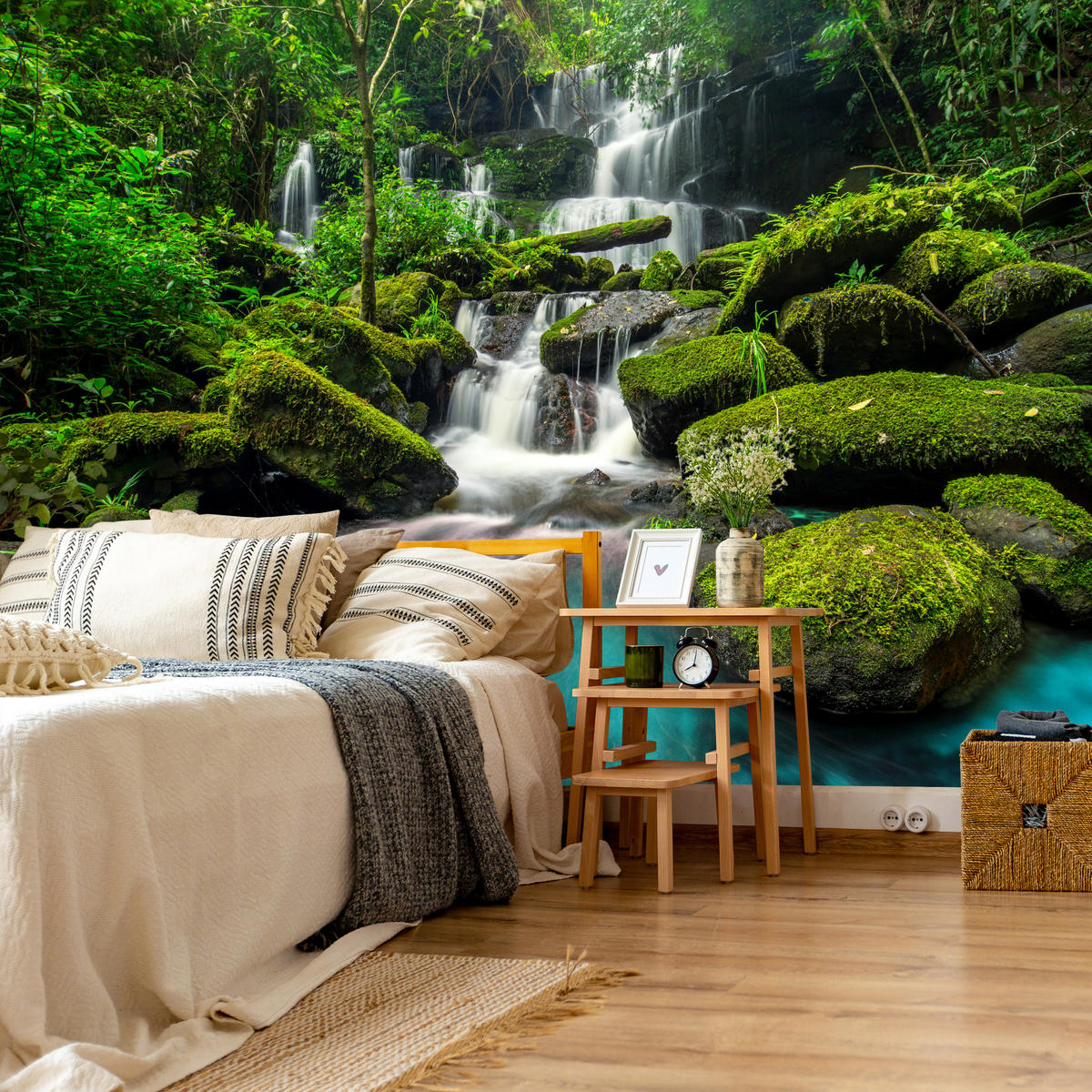 FOTOTAPETA Pre Kuchyňu Vodopád Džungľa Stromy Kamene Tropická 500 x 350 cm - modrá/sivá, papier (500/350cm) - Muralo