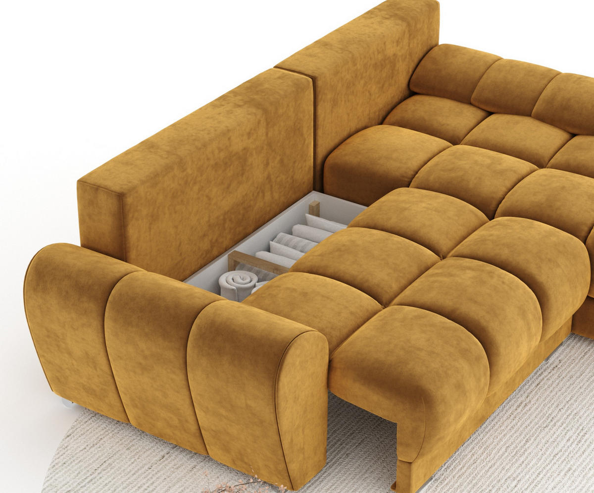 ECKSOFA MIT SCHLAFFUNKTION Peebles Honigfarbe Samtstoff - Chromfarben/Honig, Holz/Holzwerkstoff (256/175cm) - Maison de Reve
