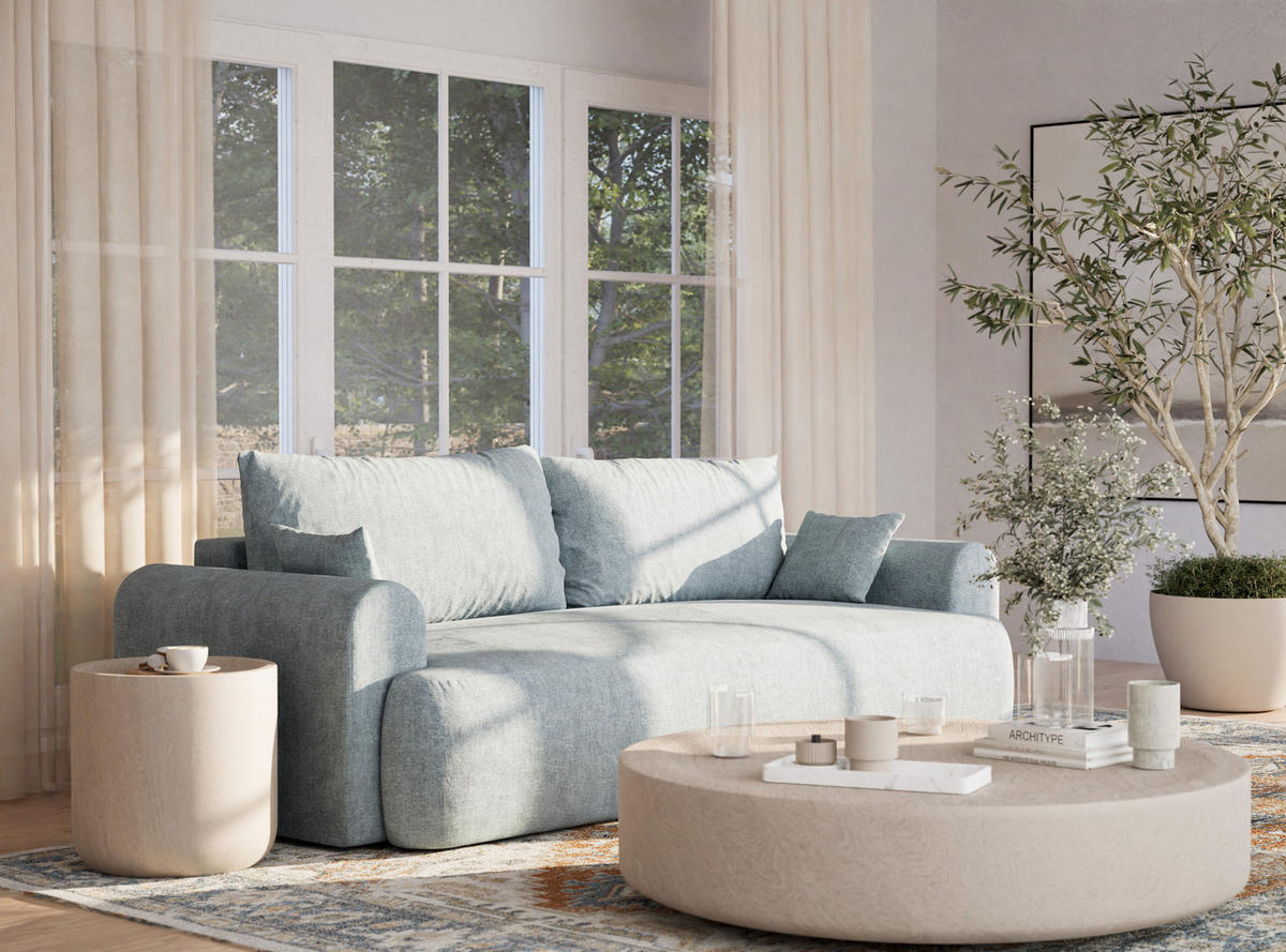 SOFA MIT SCHLAFFUNKTION Toluca Hellblau Chenille-Stoff - Schwarz/Hellblau, Holz/Holzwerkstoff (247/69/104cm) - Maison de Reve