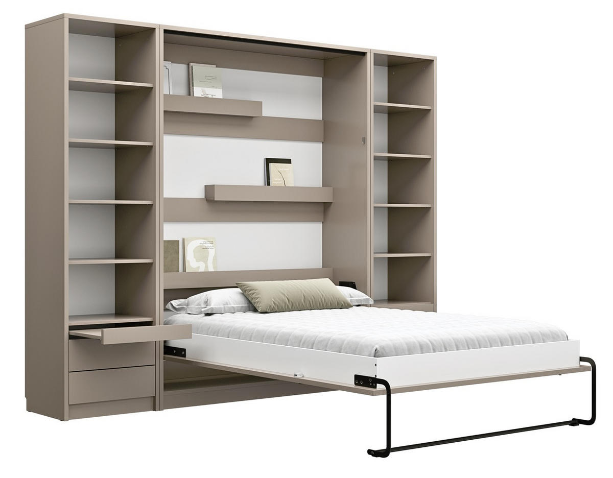 SCHRANKBETT vertikal GN140x200 mit Schreibtisch, LED und 2 Regalen - 3-teilig - Congo - Grau, Holzwerkstoff (140/200cm) - QMM TraumMöbel