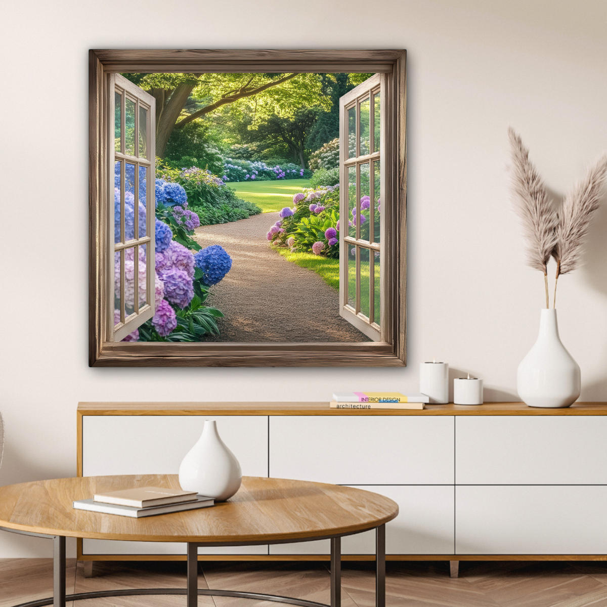 LEINWANDBILD Aussicht - Garten - Fenster - Hortensie - Blumen 90x90 cm - Pastellblau, Textil (90/90cm) - MuchoWow