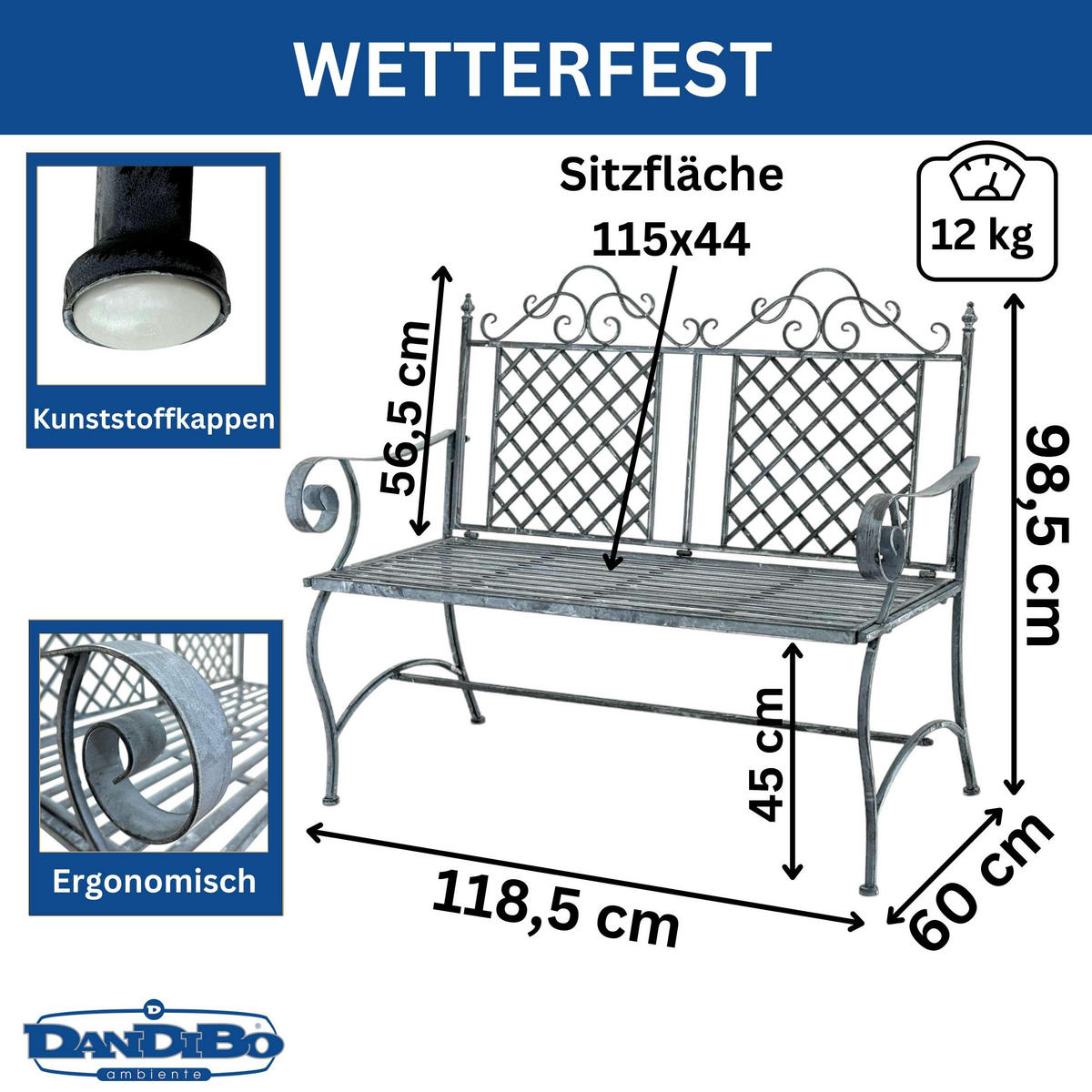 GARTENBANK 2-Sitzer Metall Grau 118,5/60/98,5 cm - Grau, Metall (118.5/98.5/60cm) - DanDiBo