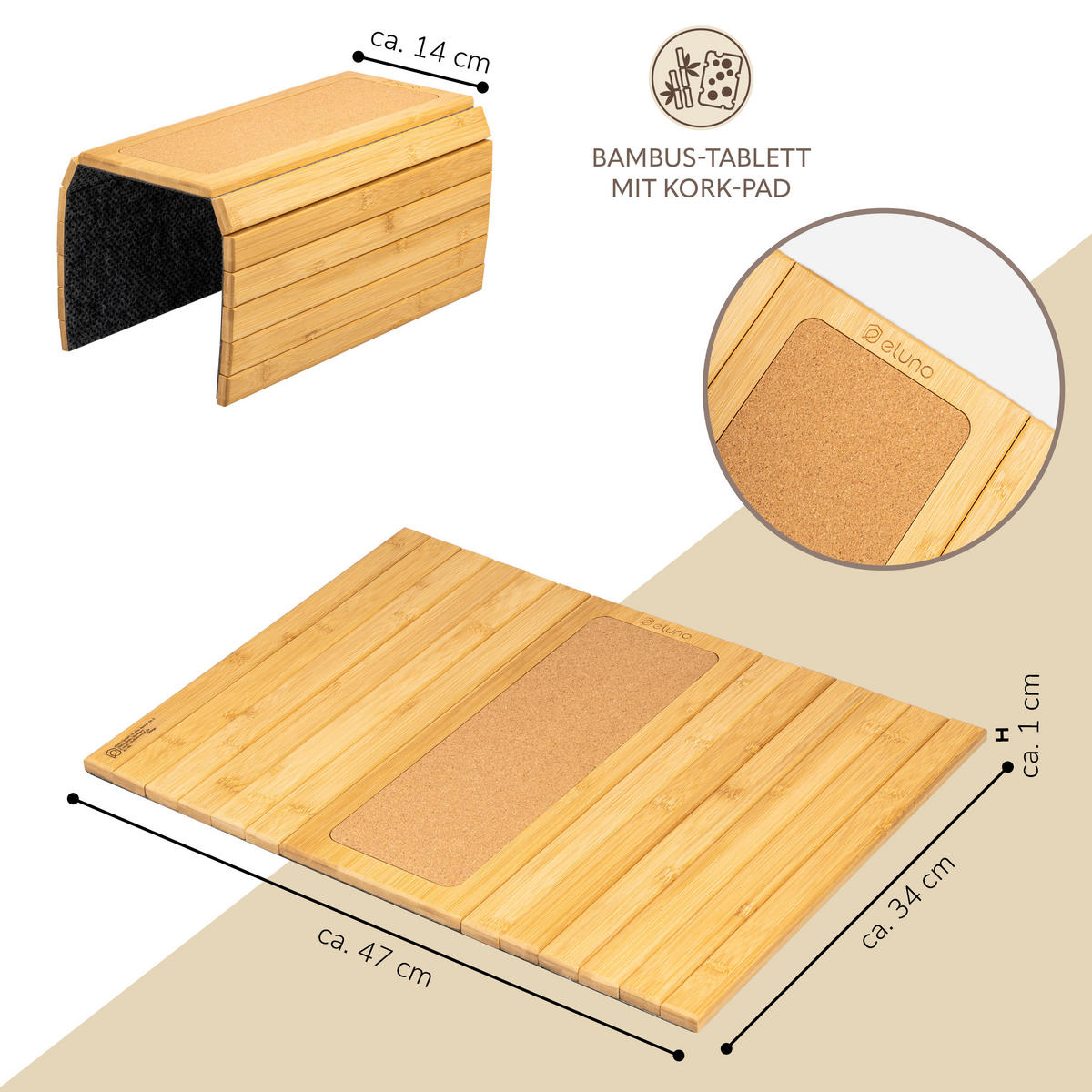 ARMLEHNEN-SOFATABLETT mit rutschfester Korkablage, Bambus - Braun, Naturmaterialien (47/1/34cm) - eluno