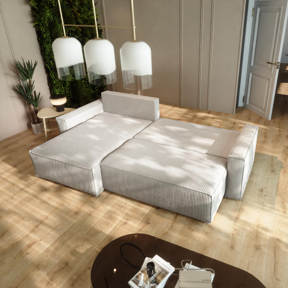 ECKSOFA BESMIR Creme Kordstoff mit Schlaffunktion - Creme, Holz (275/148cm) - MASSENO