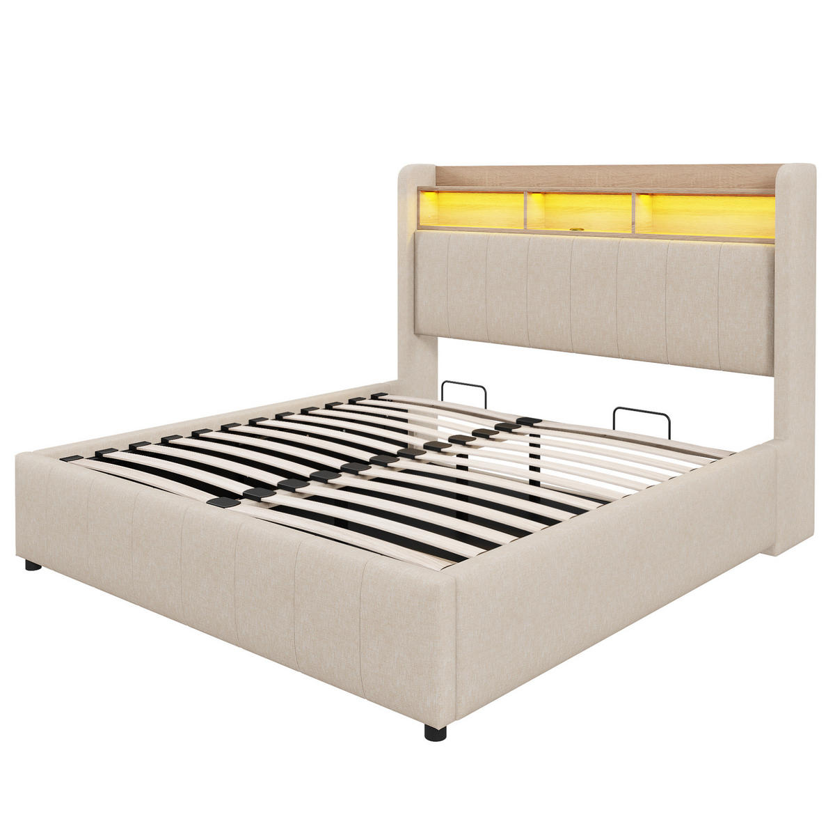 POLSTERBETT 160/200 cm Beige aus Leinenstoff mit LED und Stauraum - Beige, Textil (160/200cm) - OKMYHOME
