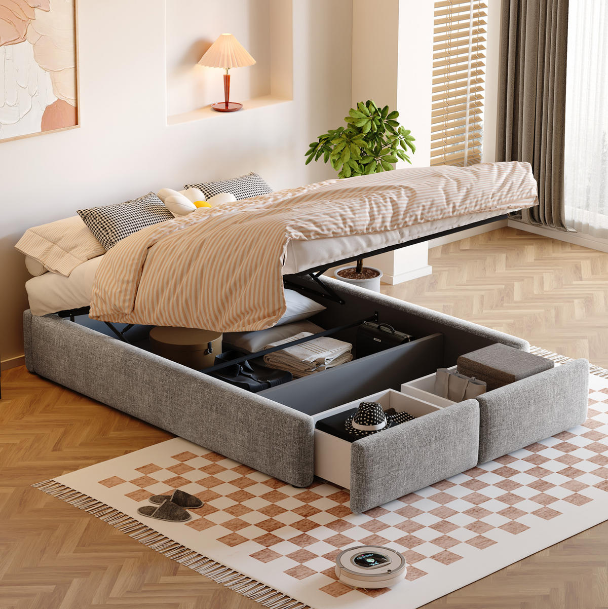 ČALÚNENÁ posteľ z MDF a poťahu z bavlny a ľanu 140x200 cm sivá s hydraulickým úložným priestorom a 2 zásuvkami - sivá, textil (140/200cm) - Modfu