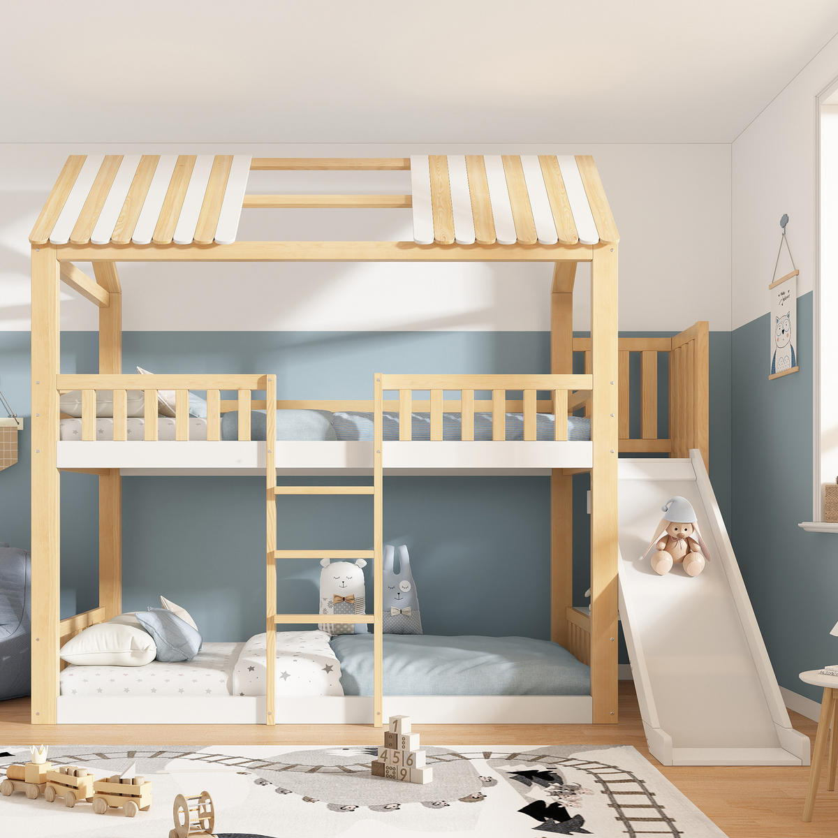 ETAGENBETT 90x200 cm Weiß Natur mit Rutsche - Naturfarben/Weiß, Holz (90/200cm) - FLIEKS