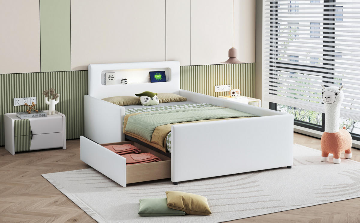 POLSTERBETT 90/200 cm Weiß aus Kunstleder mit Nachtlicht und USB-Ladeanschluss - Weiß, Textil (90/200cm) - OKMYHOME