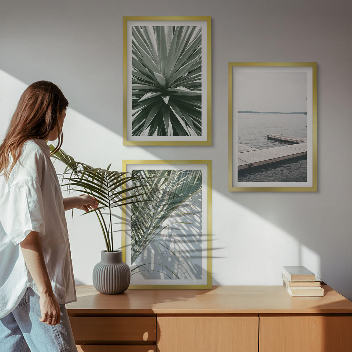 WANDBILDER 3er Set - 40x60 cm Goldrahmen - Palmenblätter-Holzbrücke - Goldfarben, Kunststoff (40/60cm) - ArtPrintCave