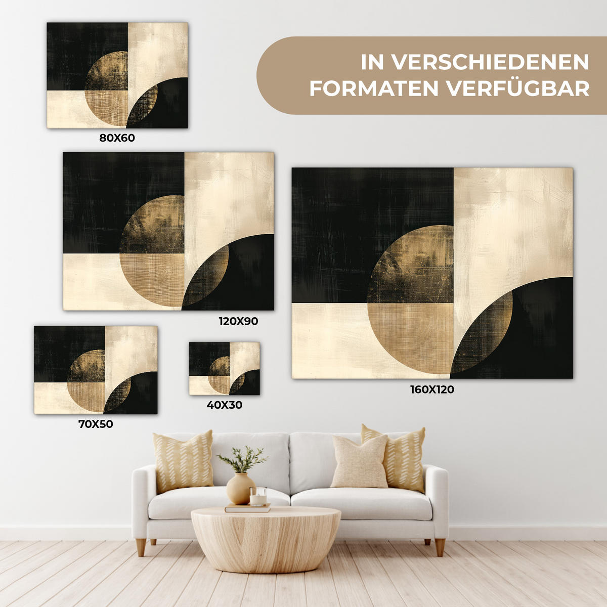 LEINWANDBILD Abstrakt - Geometrische Formen - Schwarz - Gold Wandbilder 80x60 cm - Ecru, Textil (80/60cm) - MuchoWow